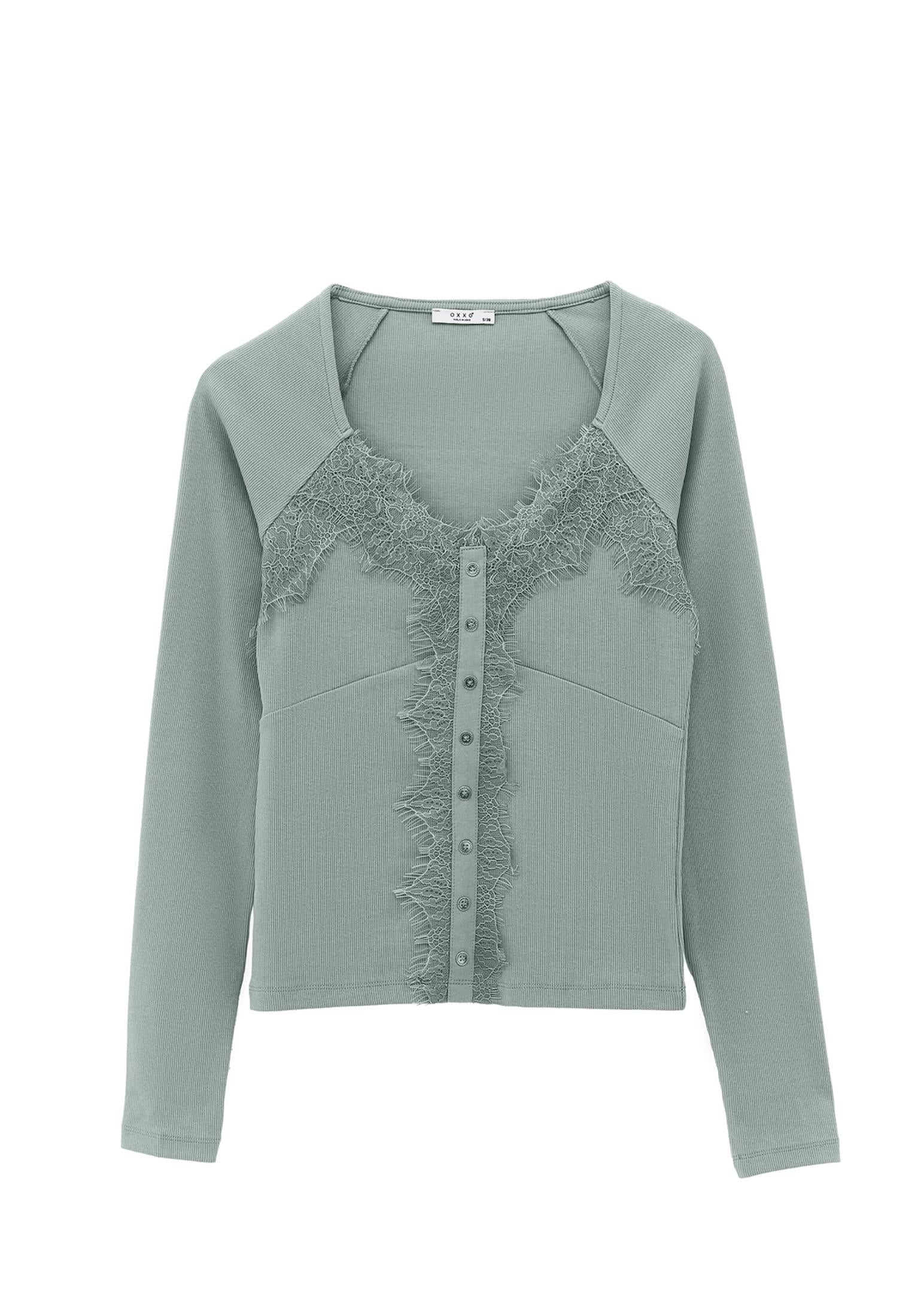 Ribbed Fabric Button Detailed V Neck Long Sleeve T-Shirt - LILY PAD