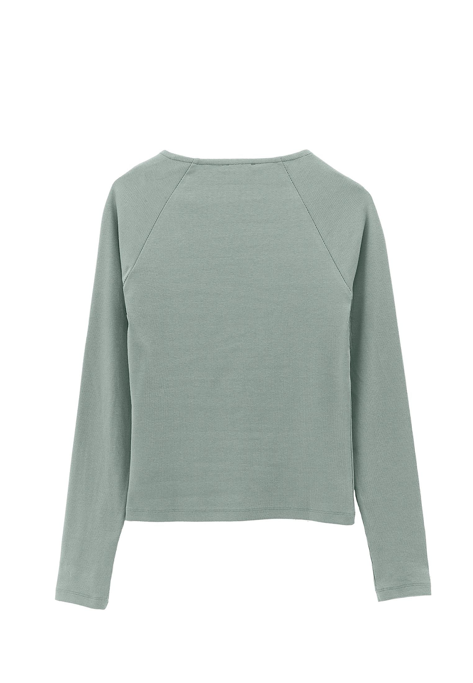 Ribbed Fabric Button Detailed V Neck Long Sleeve T-Shirt - LILY PAD