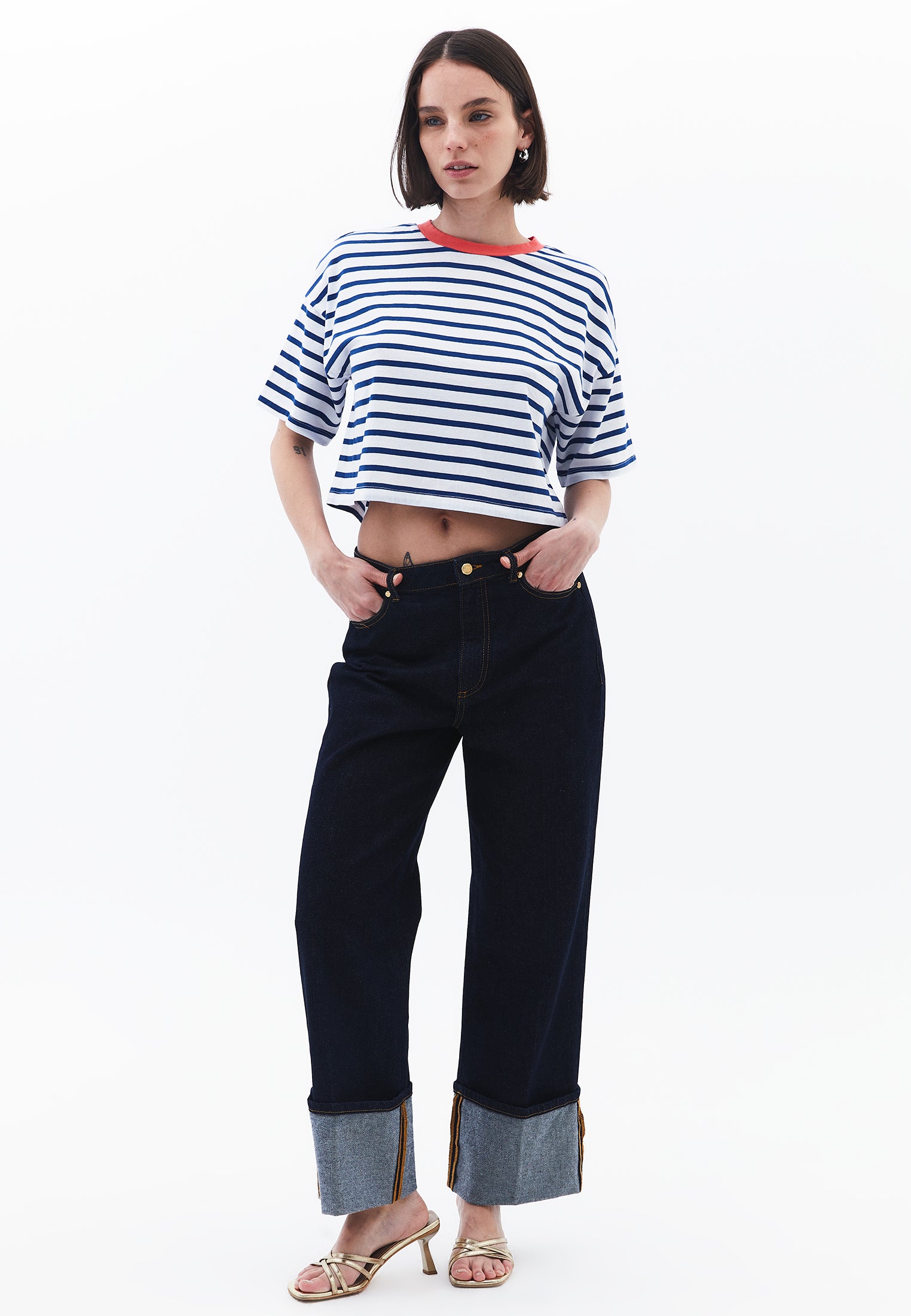 Short Sleeve Crop Crew Neck T-Shirt - WHITE/LIMOGES