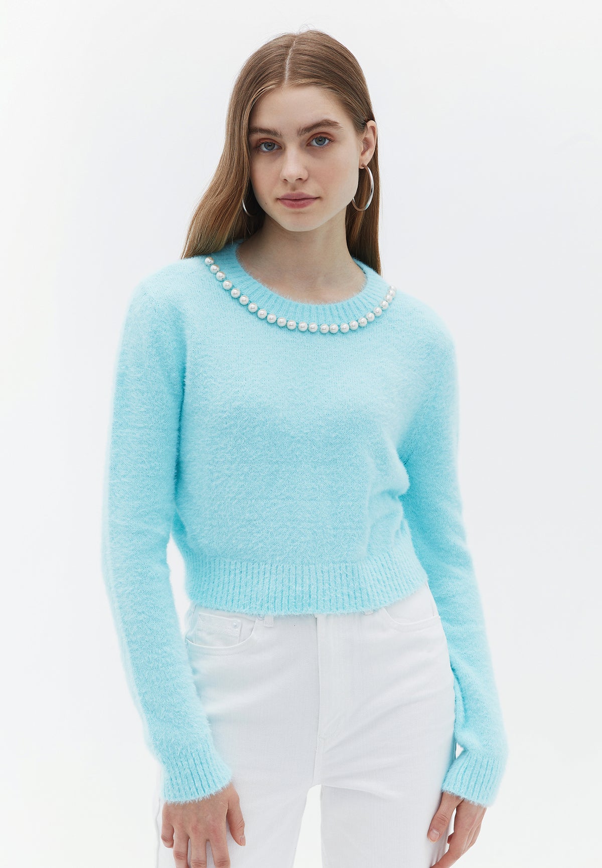 Crew Neck Beaded Raglan Sleeve Cropped Sweater - LIMPET SHELL