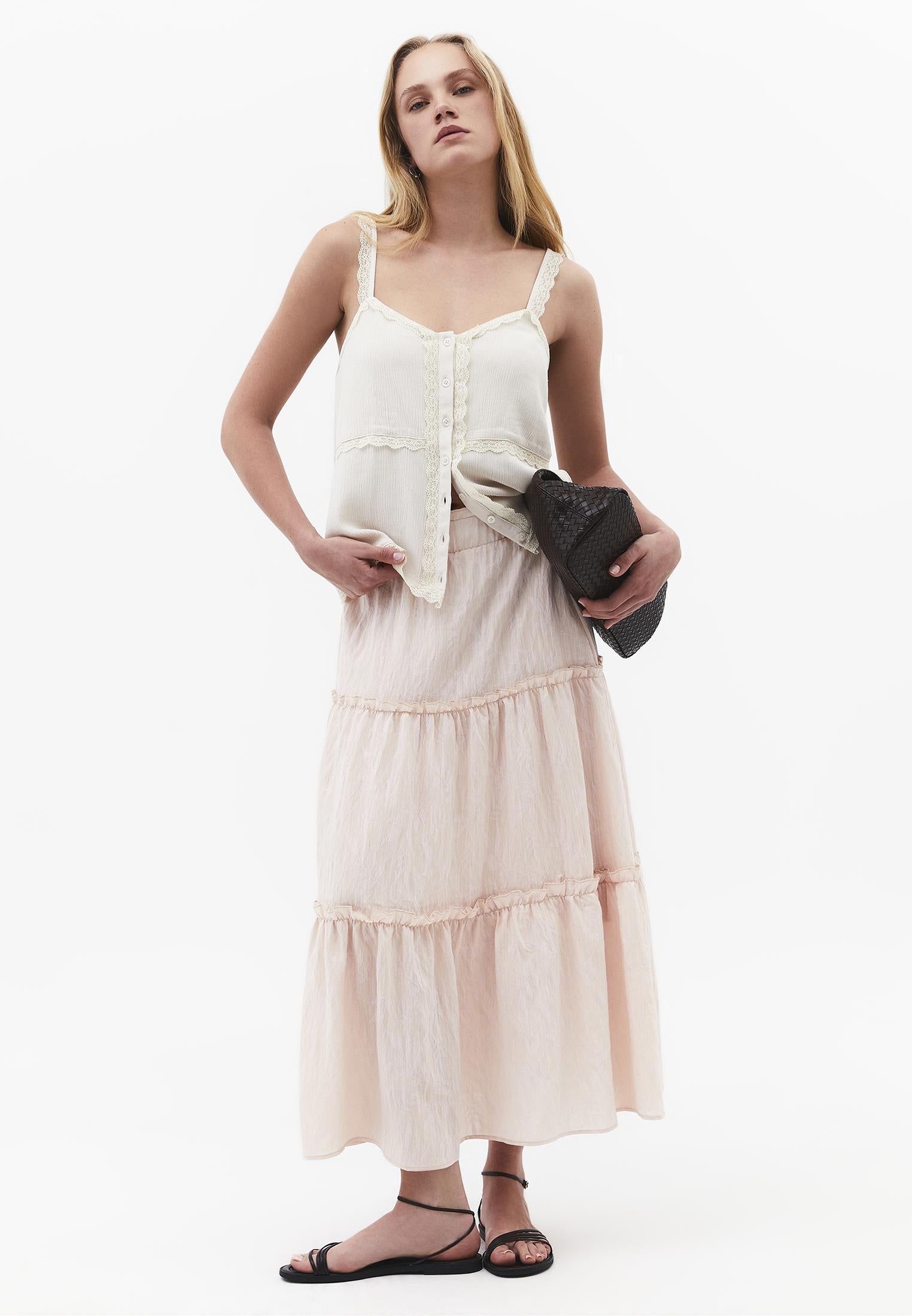 Long A-Line Skirt With Ruffle Details - LINEN