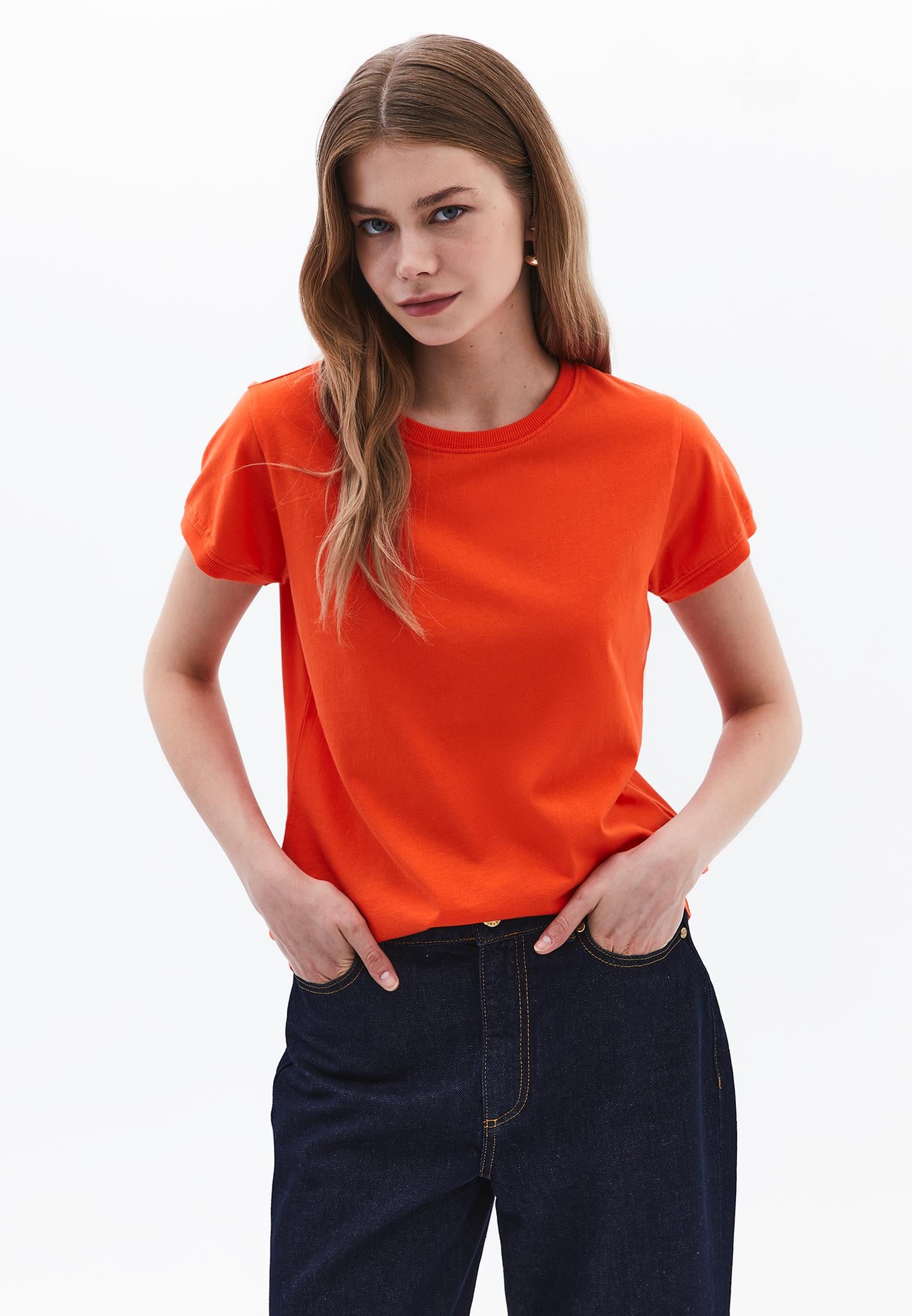 Crew Neck Short Sleeve T-Shirt - MANDARIN RED