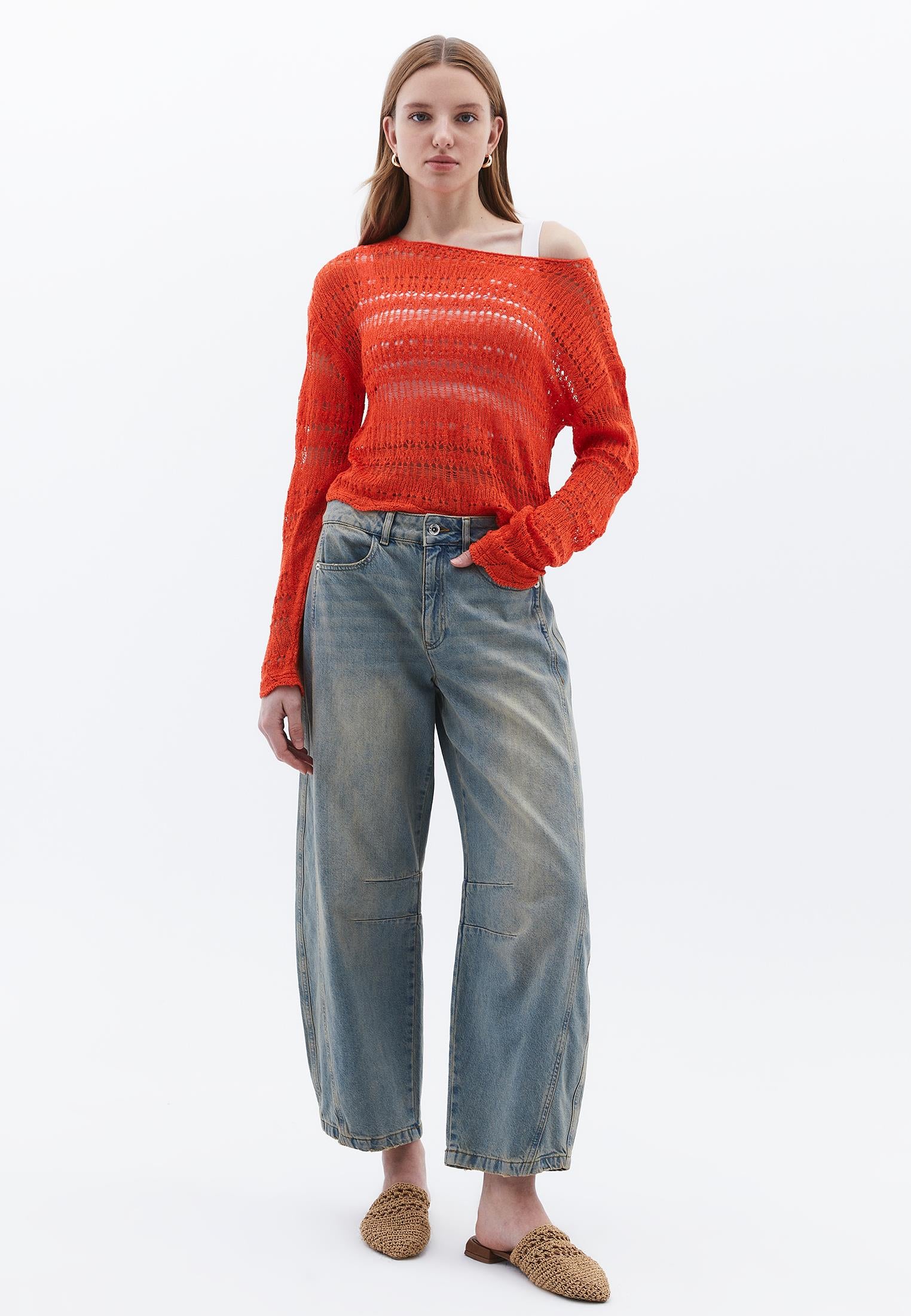 Boat Neck Long Sleeve Ajour Sweater - MANDARIN RED