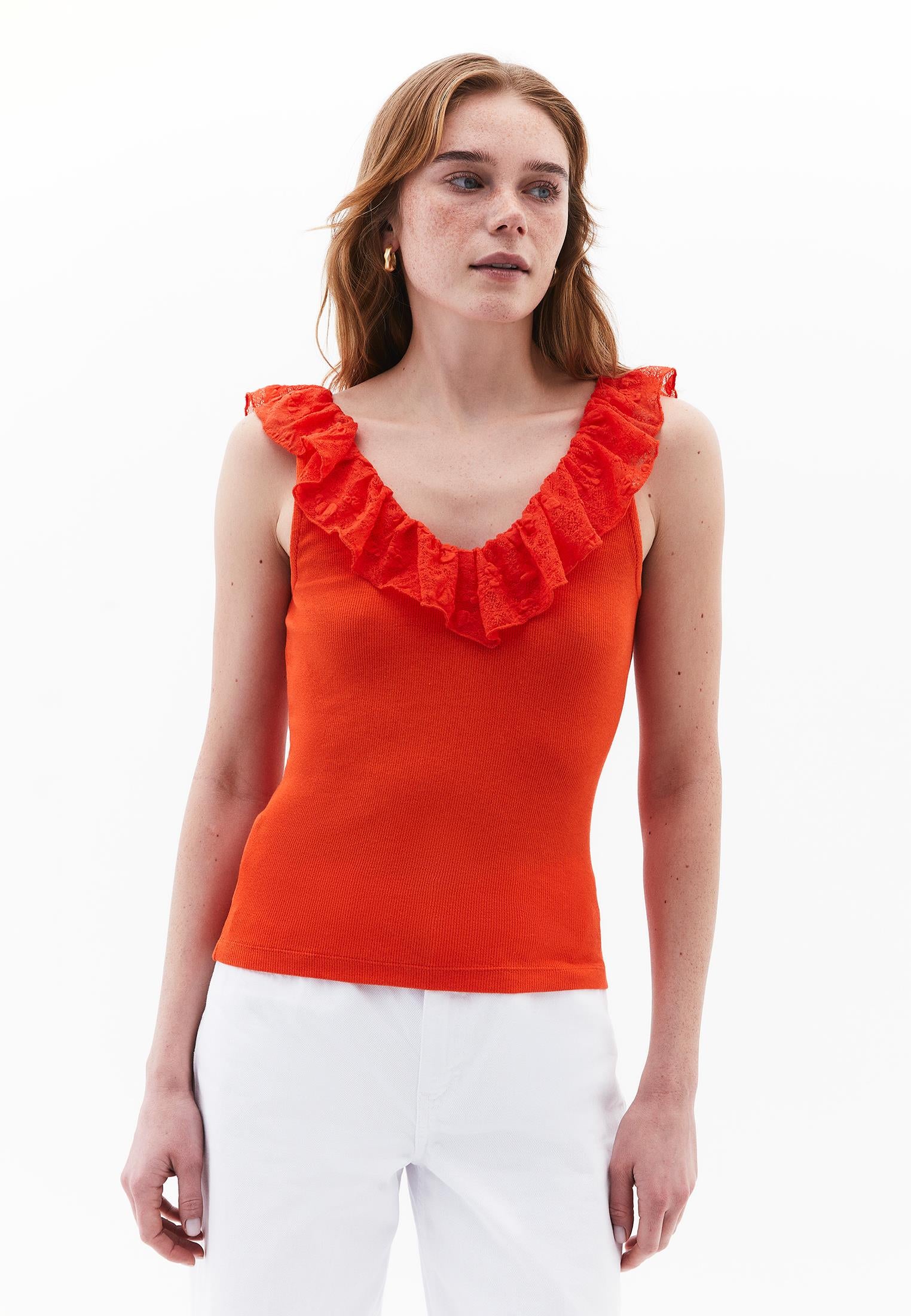 V Neck Frilled Tank Top - MANDARIN RED