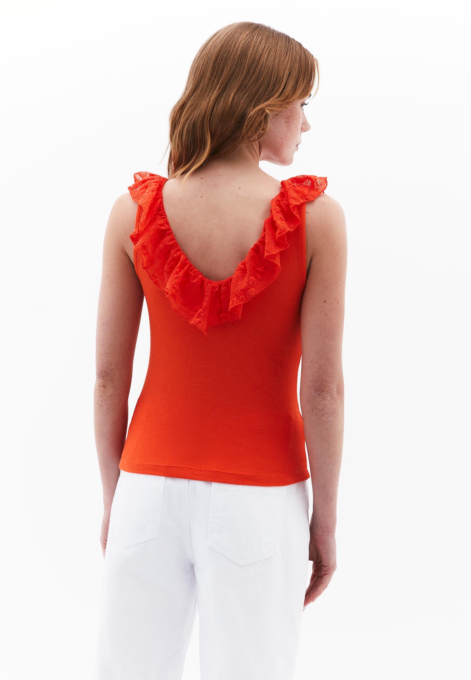 V Neck Frilled Tank Top - MANDARIN RED