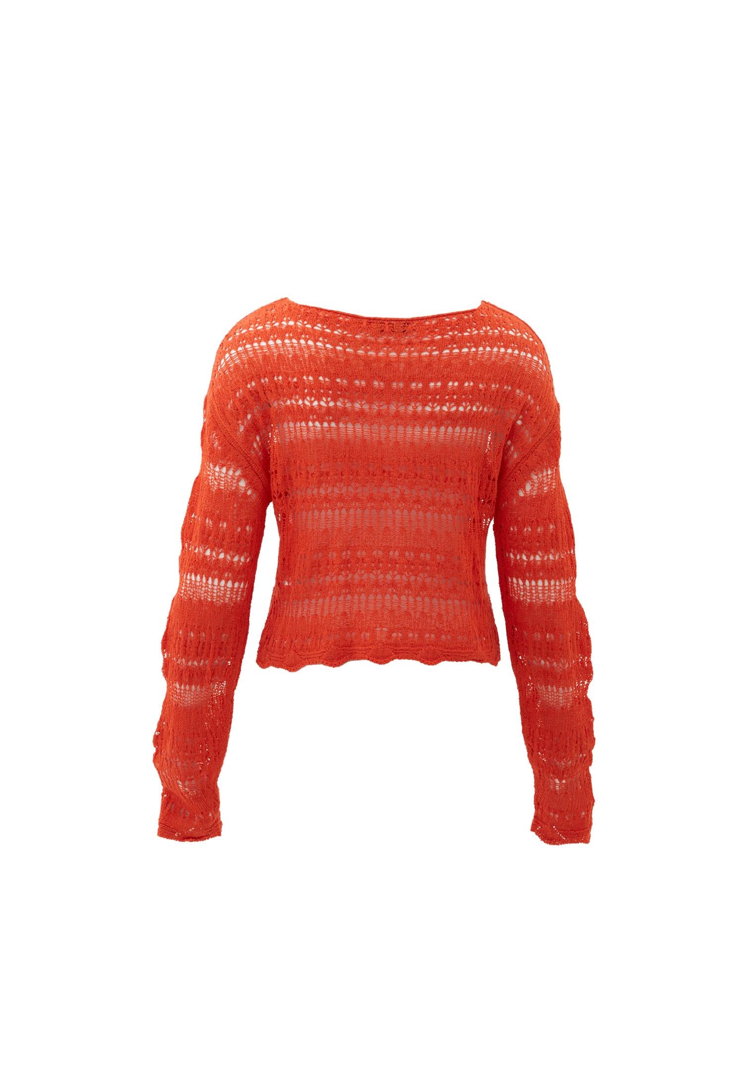 Boat Neck Long Sleeve Ajour Sweater - MANDARIN RED