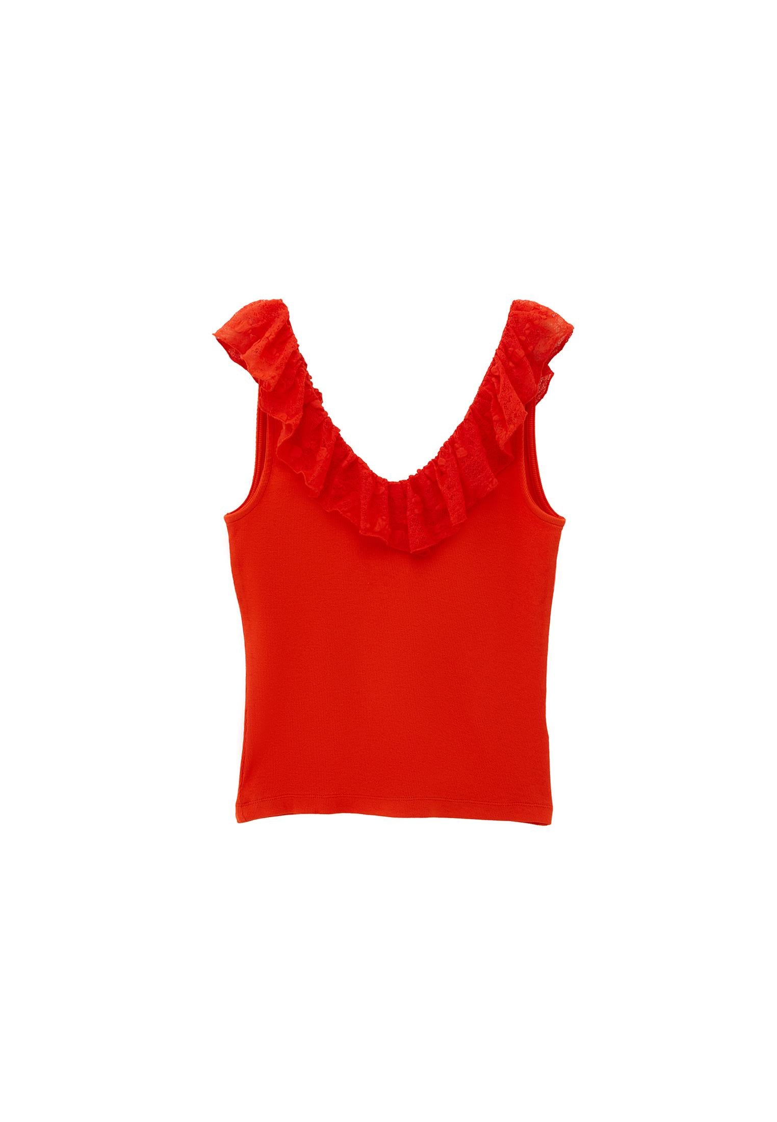 V Neck Frilled Tank Top - MANDARIN RED
