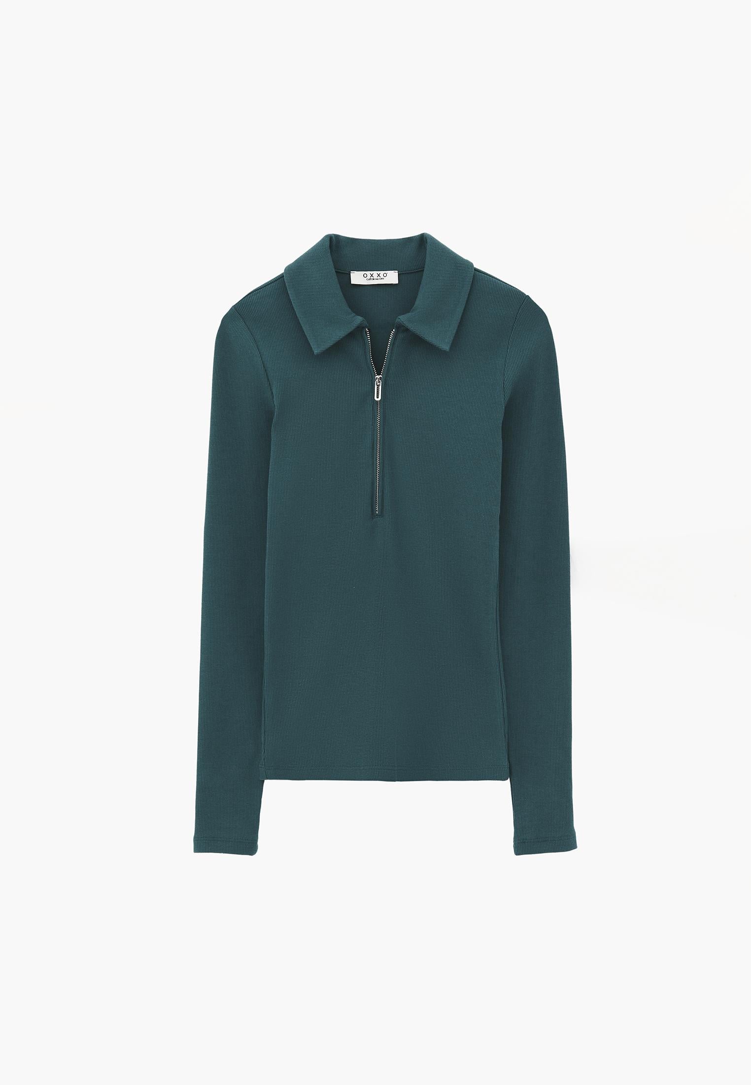 Polo Collar Zip Detailed Long Sleeve T-Shirt - MEDITERRANEA