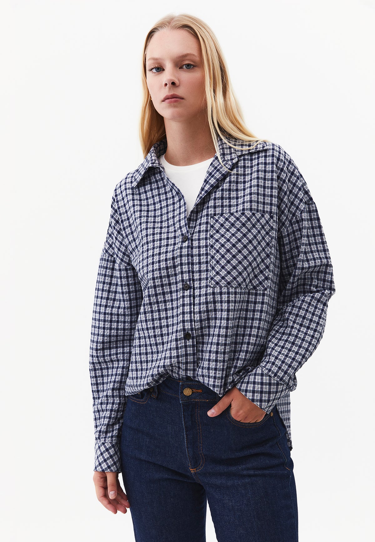 Oversize Shirt, Pocket Shirt, Long Sleeve Shirt, Women's Top Garment, Woven Fabric - MIDNIGHT CHECK
