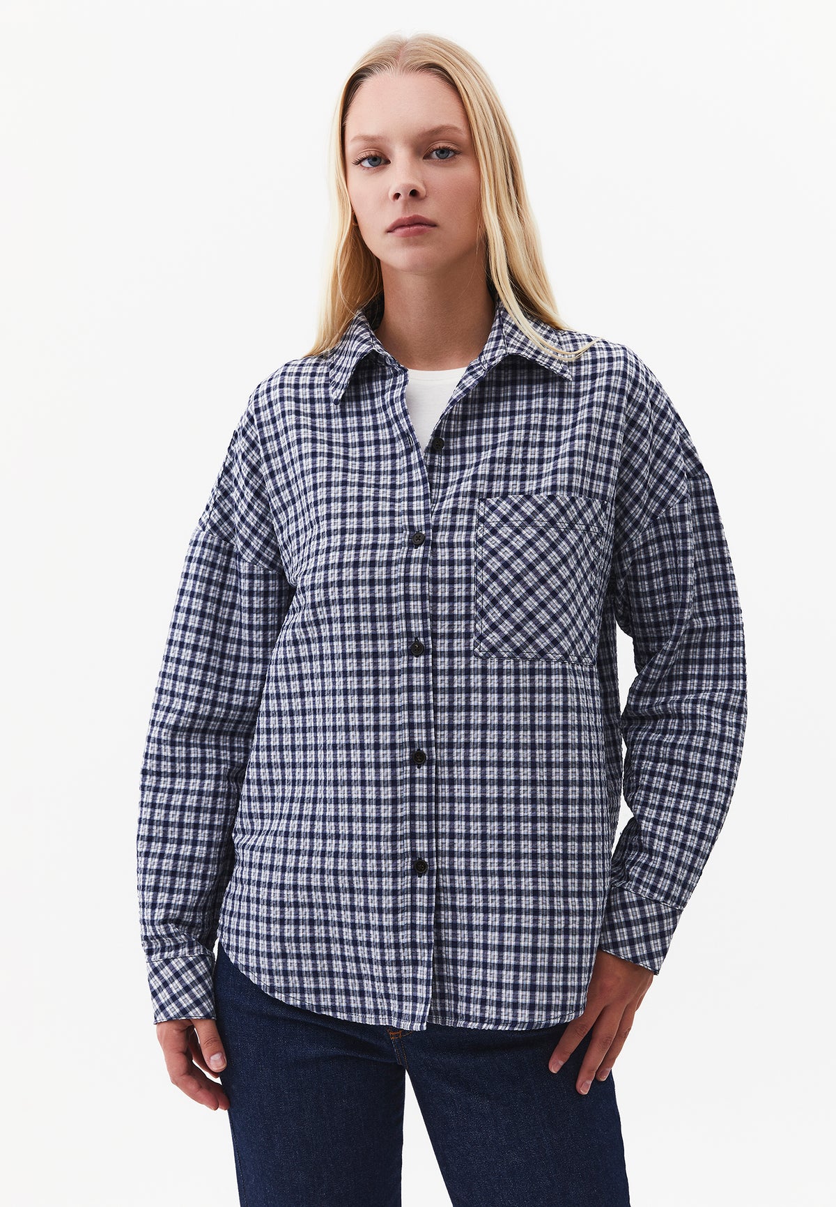 Oversize Shirt, Pocket Shirt, Long Sleeve Shirt, Women's Top Garment, Woven Fabric - MIDNIGHT CHECK