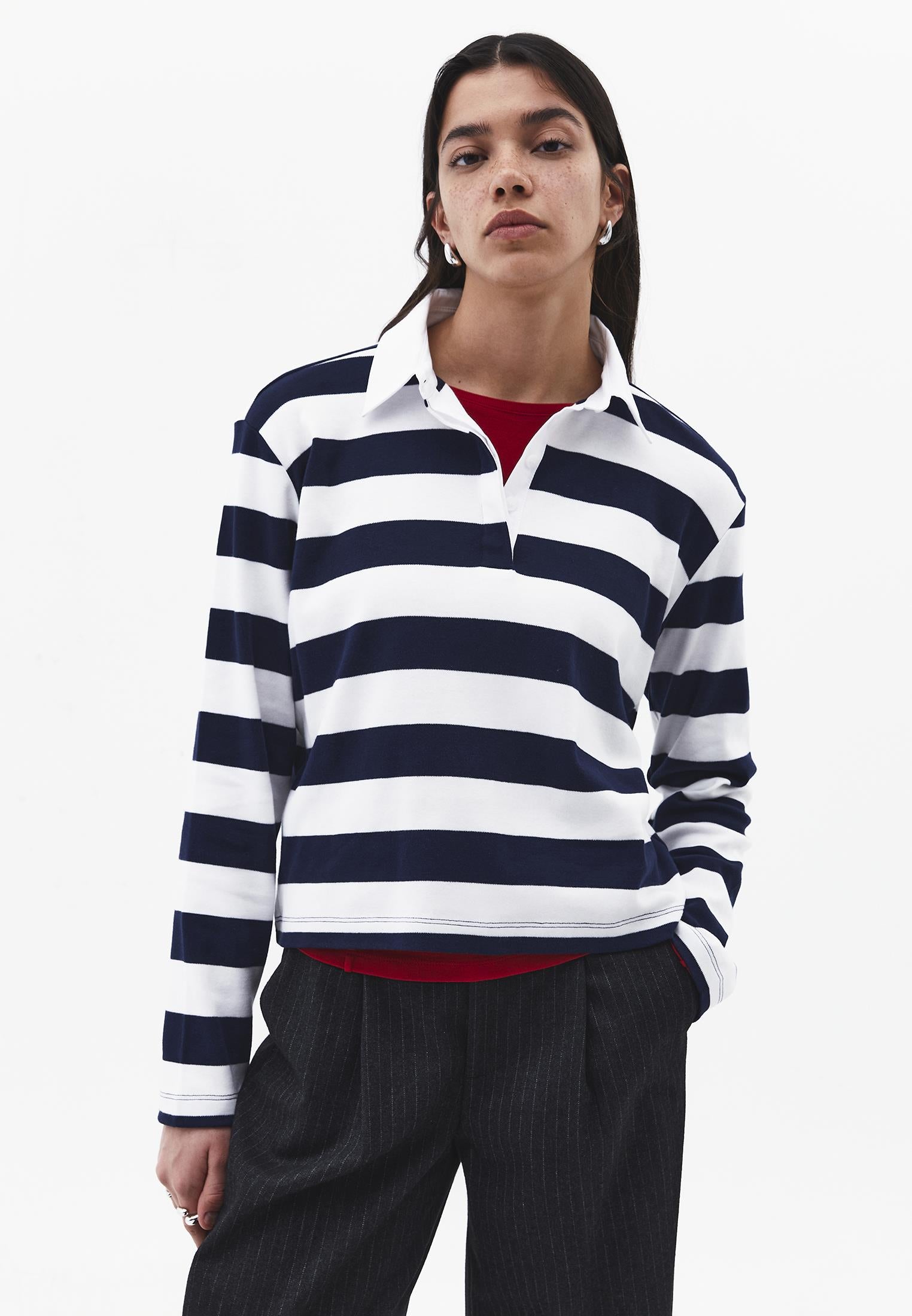 Polo Collar Long Sleeve Buttoned T-Shirt - MIDNIGHT STRIPED
