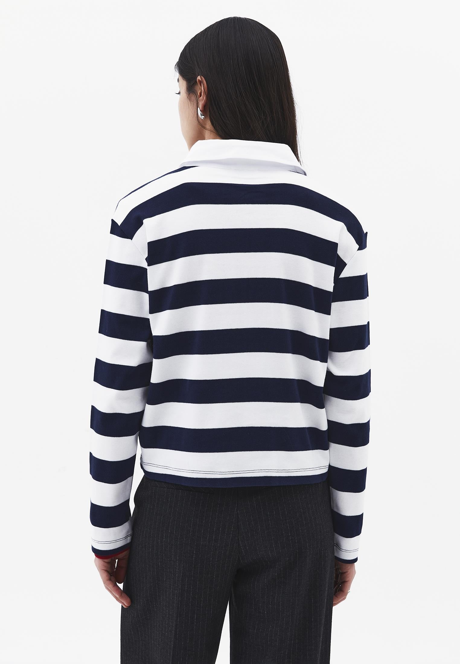 Polo Collar Long Sleeve Buttoned T-Shirt - MIDNIGHT STRIPED