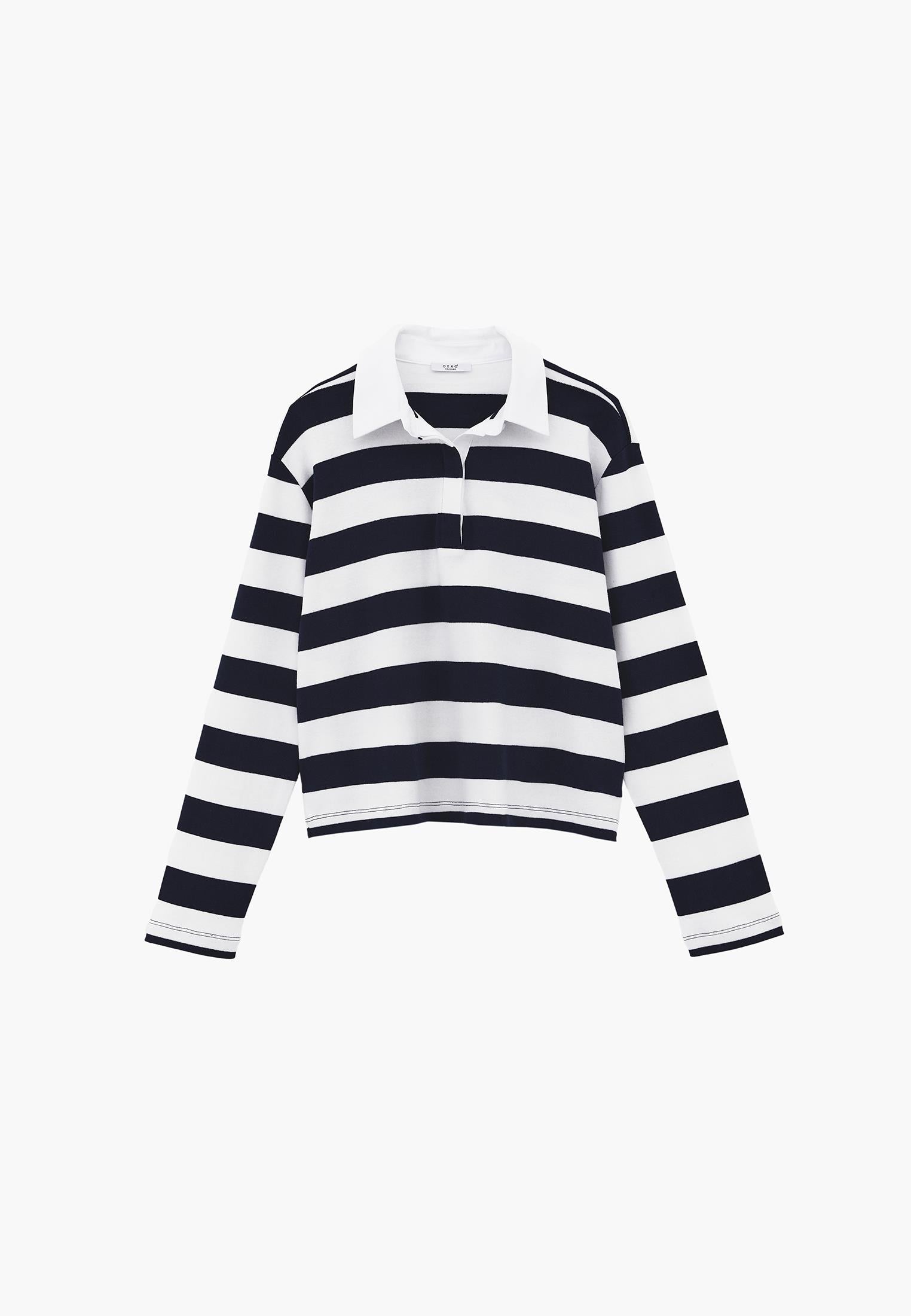 Polo Collar Long Sleeve Buttoned T-Shirt - MIDNIGHT STRIPED
