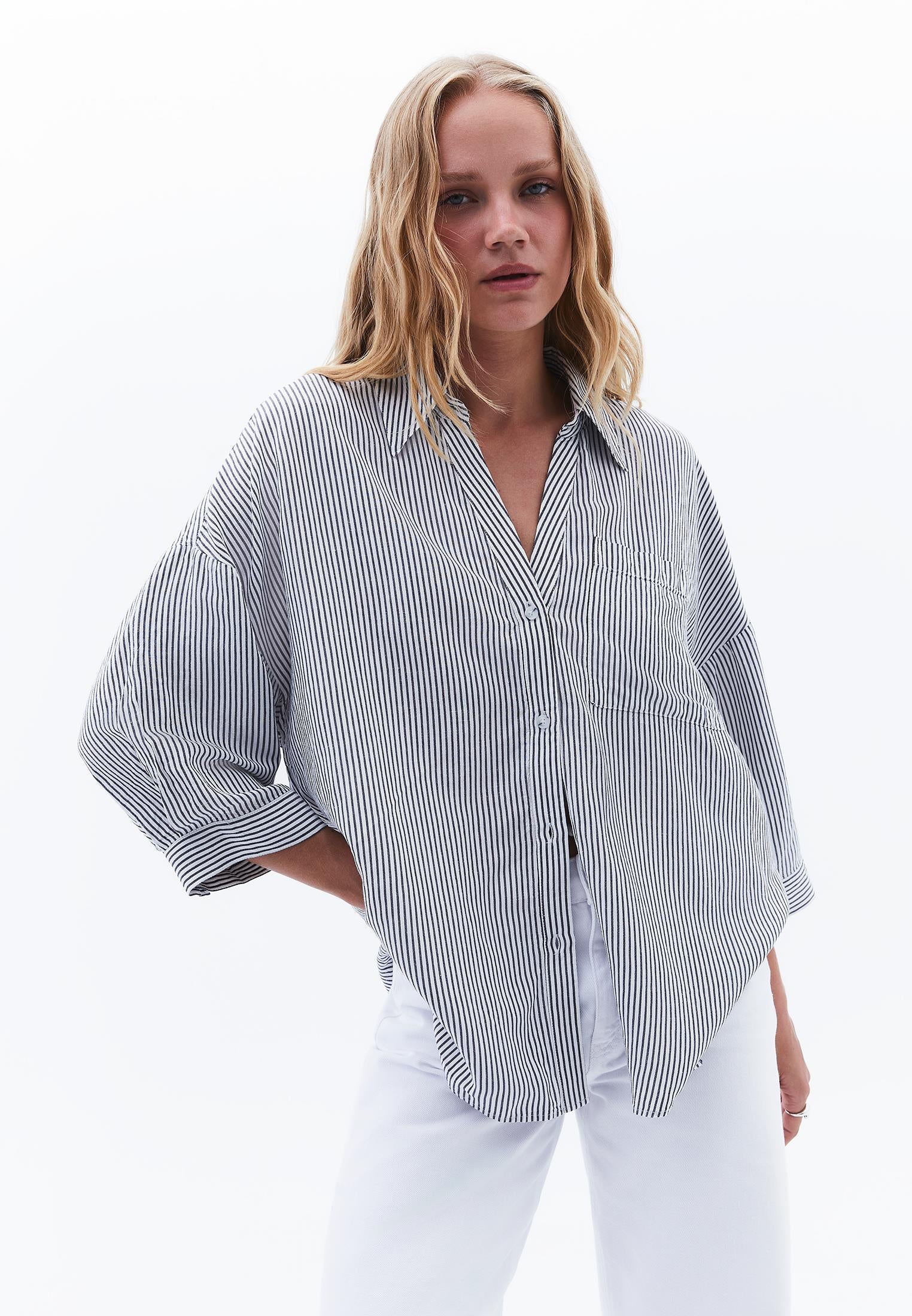 Linen Oversize Tunic Shirt - MIDNIGHT STRIPE