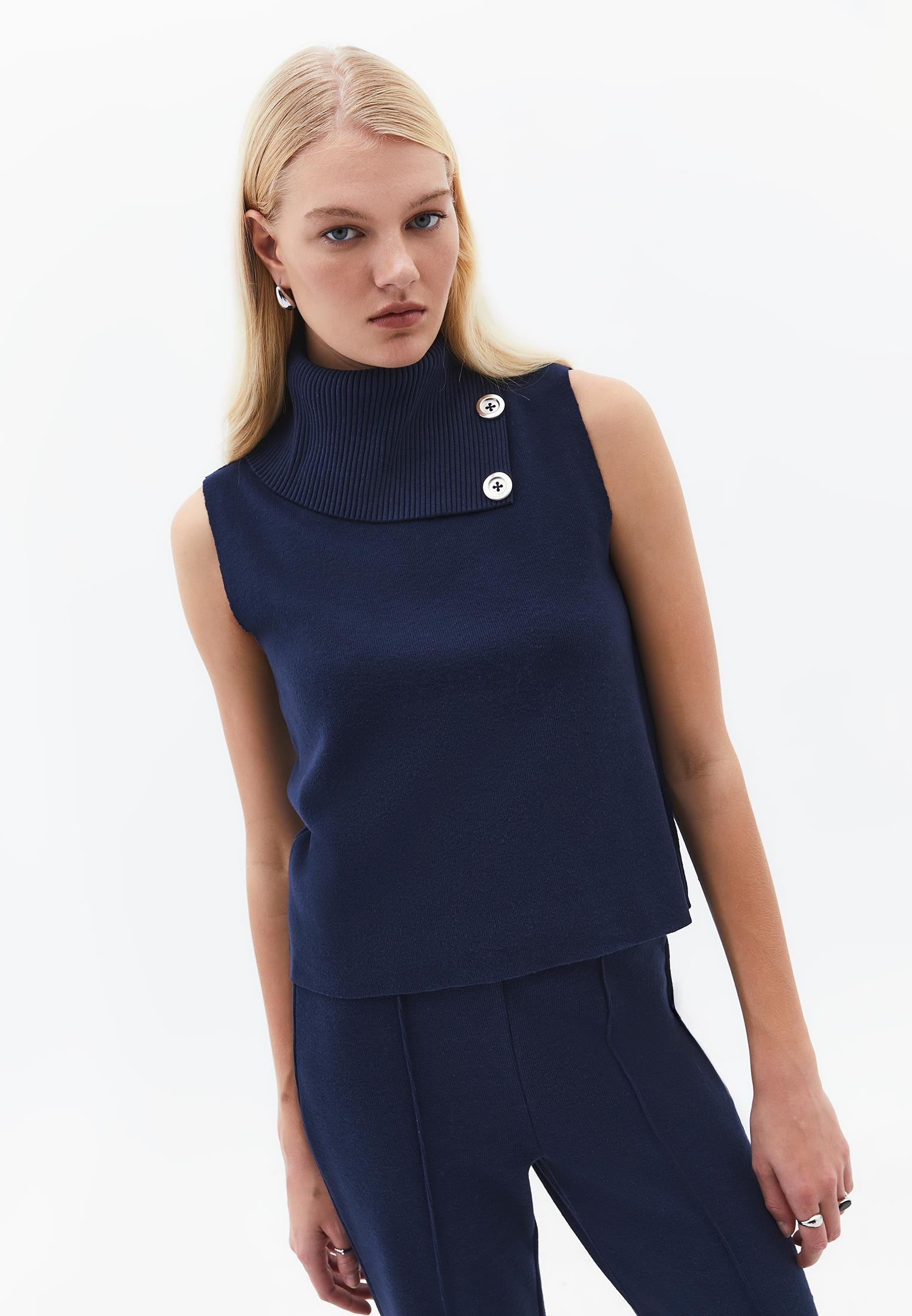Sleeveless Vest With High Collar And Button Details - MIDNIGHT