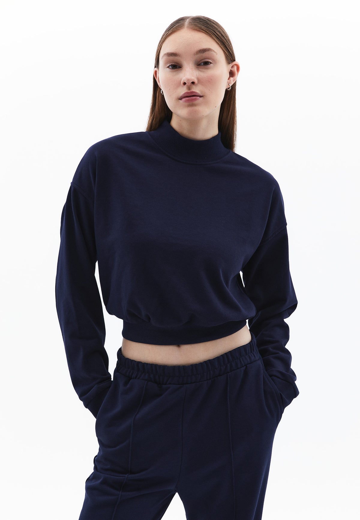 High Neck Long Sleeve Cropped Sweatshirt - MIDNIGHT