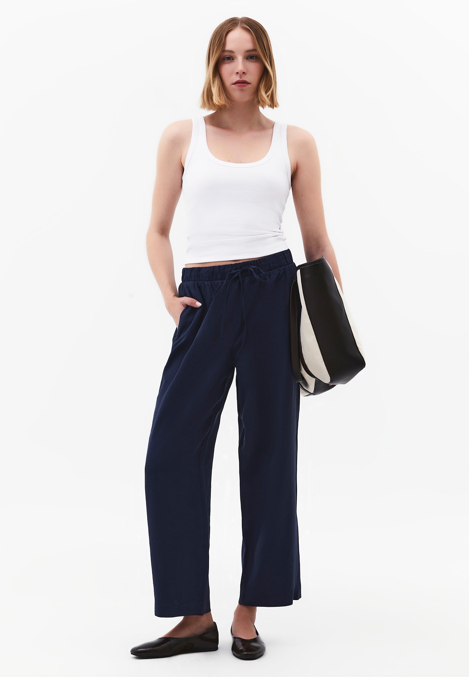 High Waist Straight Leg Elastic Waistband Tie Women's Pants - MIDNIGHT