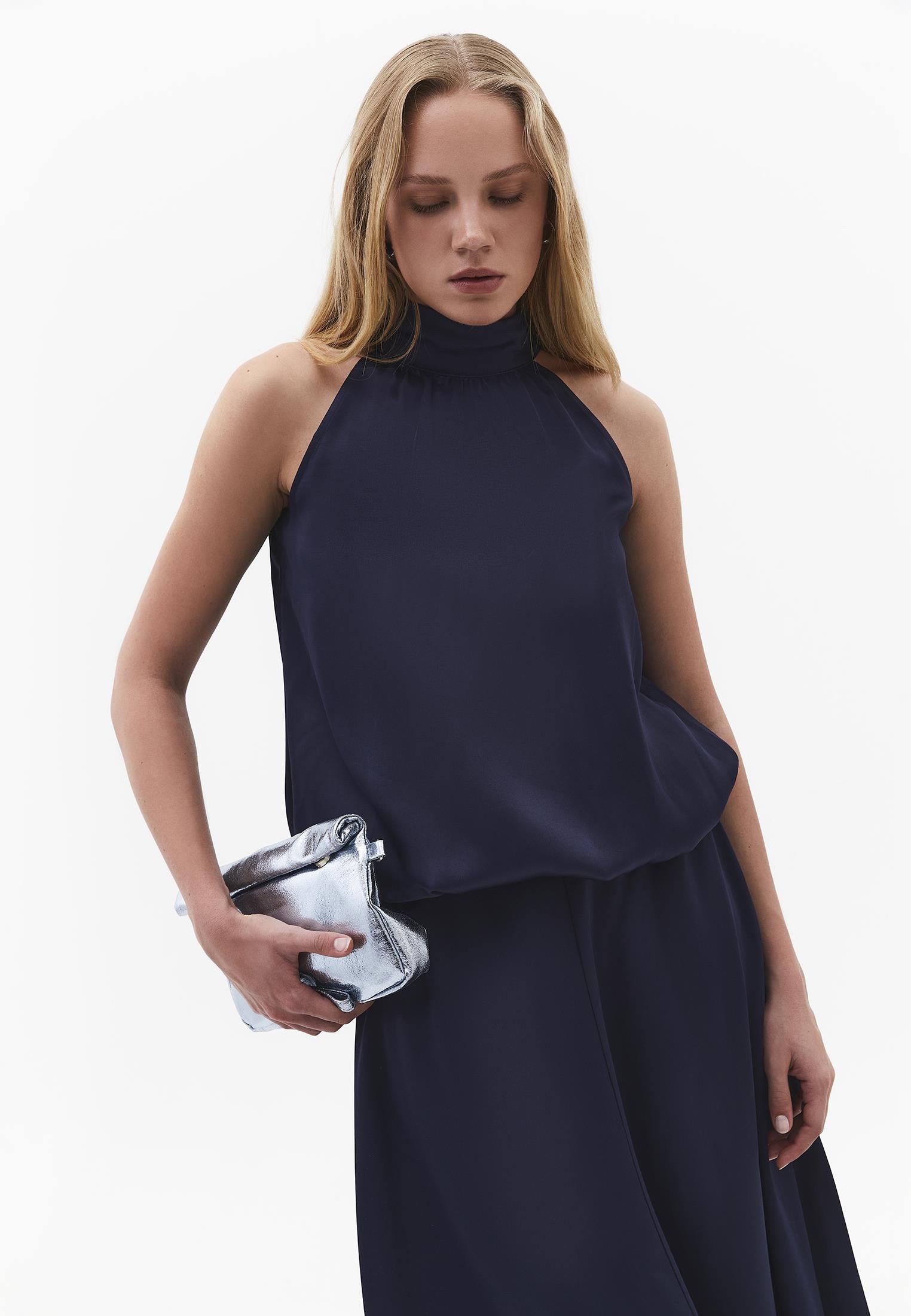 Balloon Form Blouse With High Neck And Tie Detail - MIDNIGHT
