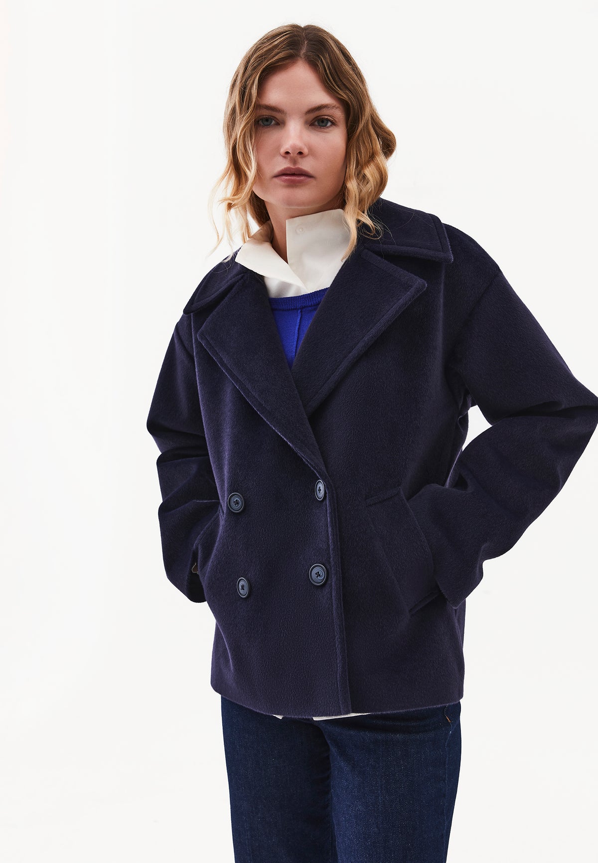 Double-Breasted Collar Button Detailed Coat - MIDNIGHT