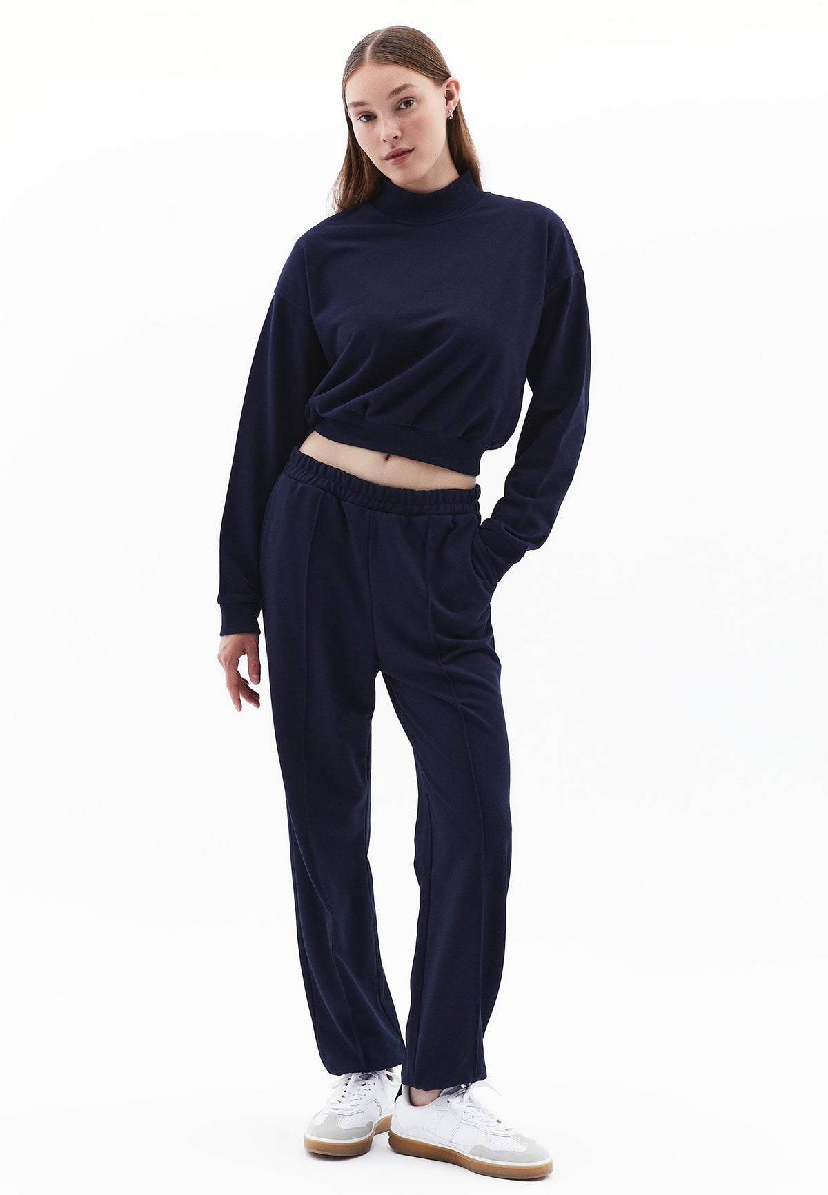 High Neck Long Sleeve Cropped Sweatshirt - MIDNIGHT