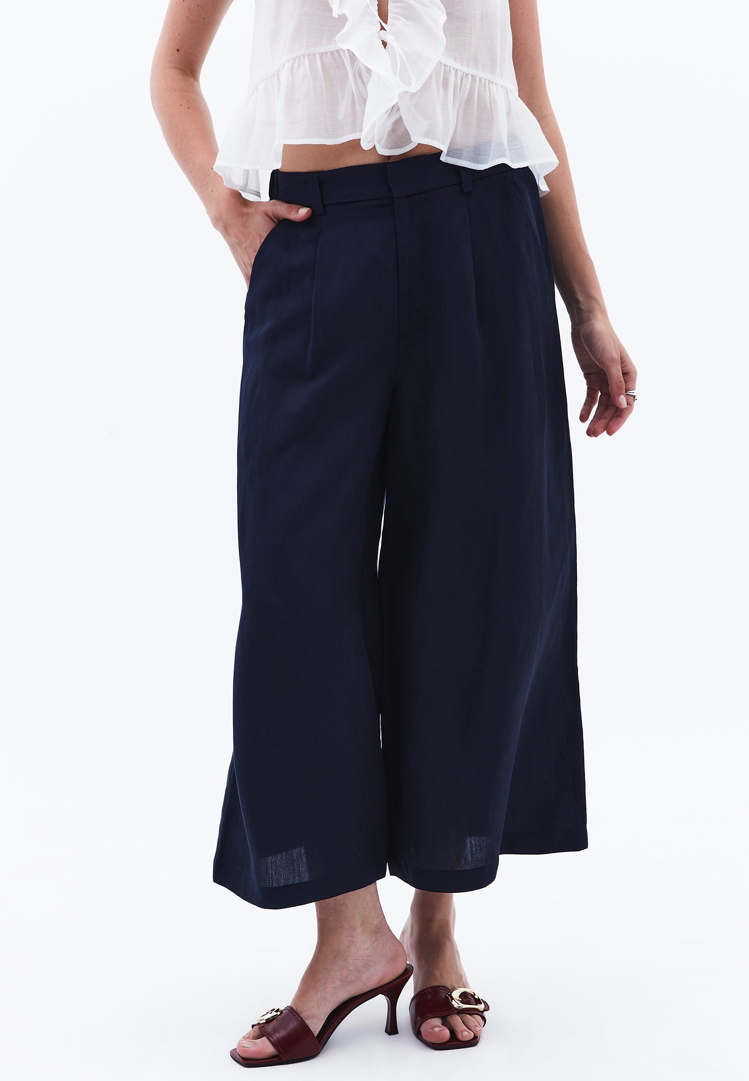 Pleated Ultra High Waist Cropped Culotte Trousers - MIDNIGHT