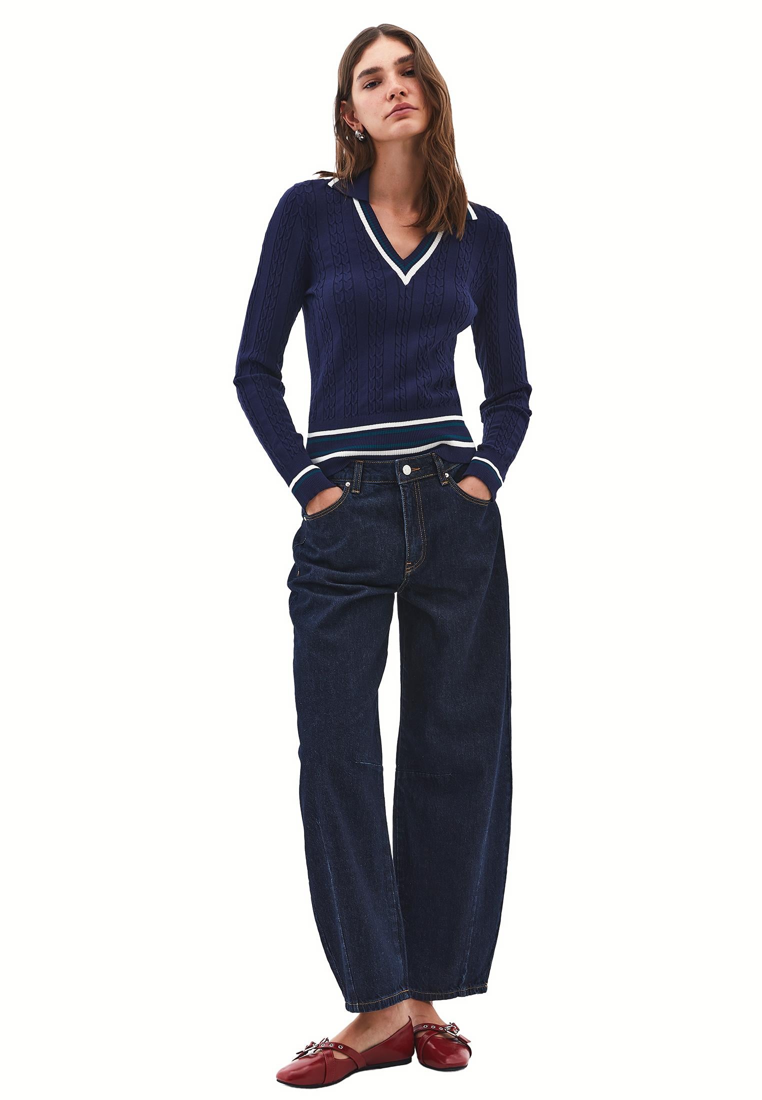 Polo Neck V Neck Sweater - MIDNIGHT