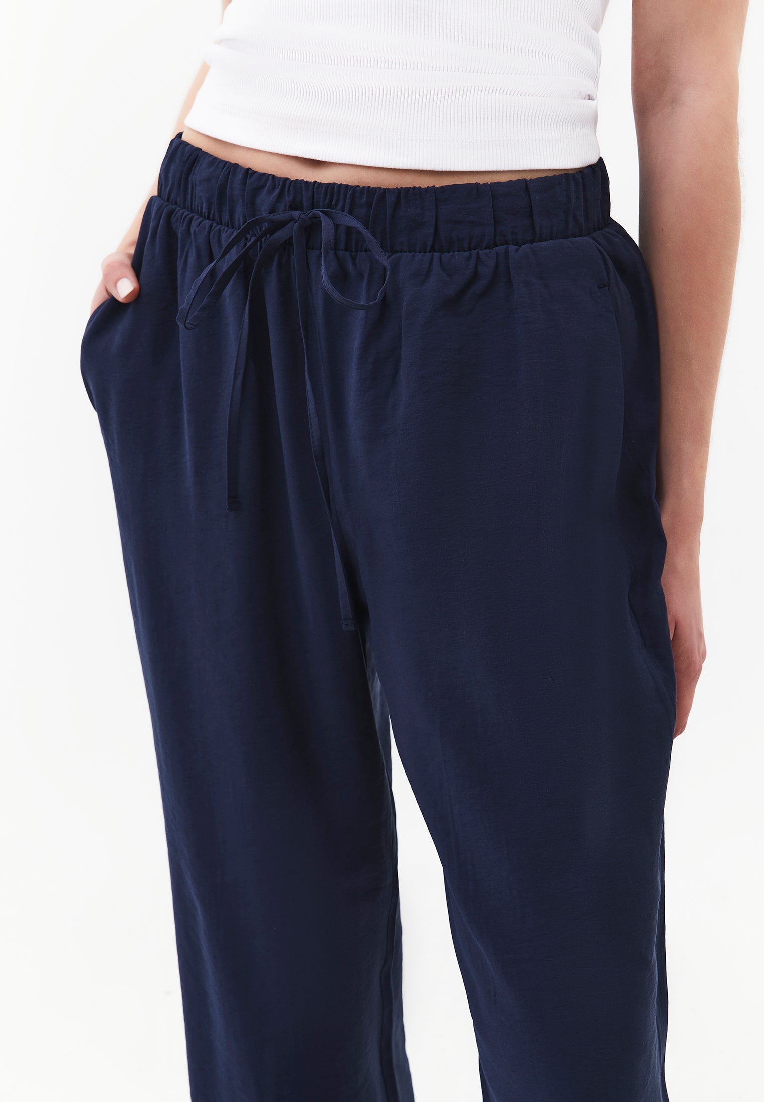 High Waist Straight Leg Elastic Waistband Tie Women's Pants - MIDNIGHT
