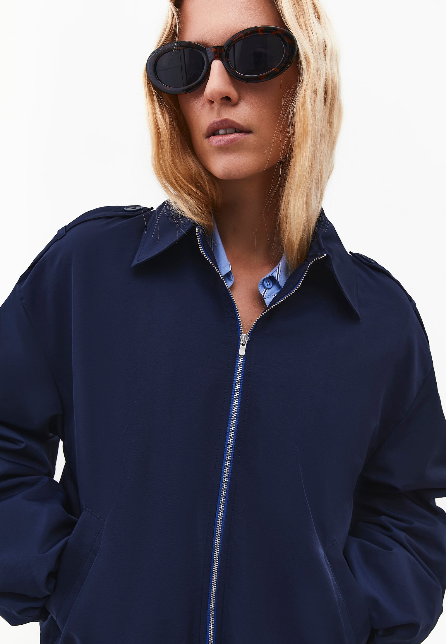 Shirt Collar Standard Jacket With Pocket And Zipper Details - MIDNIGHT