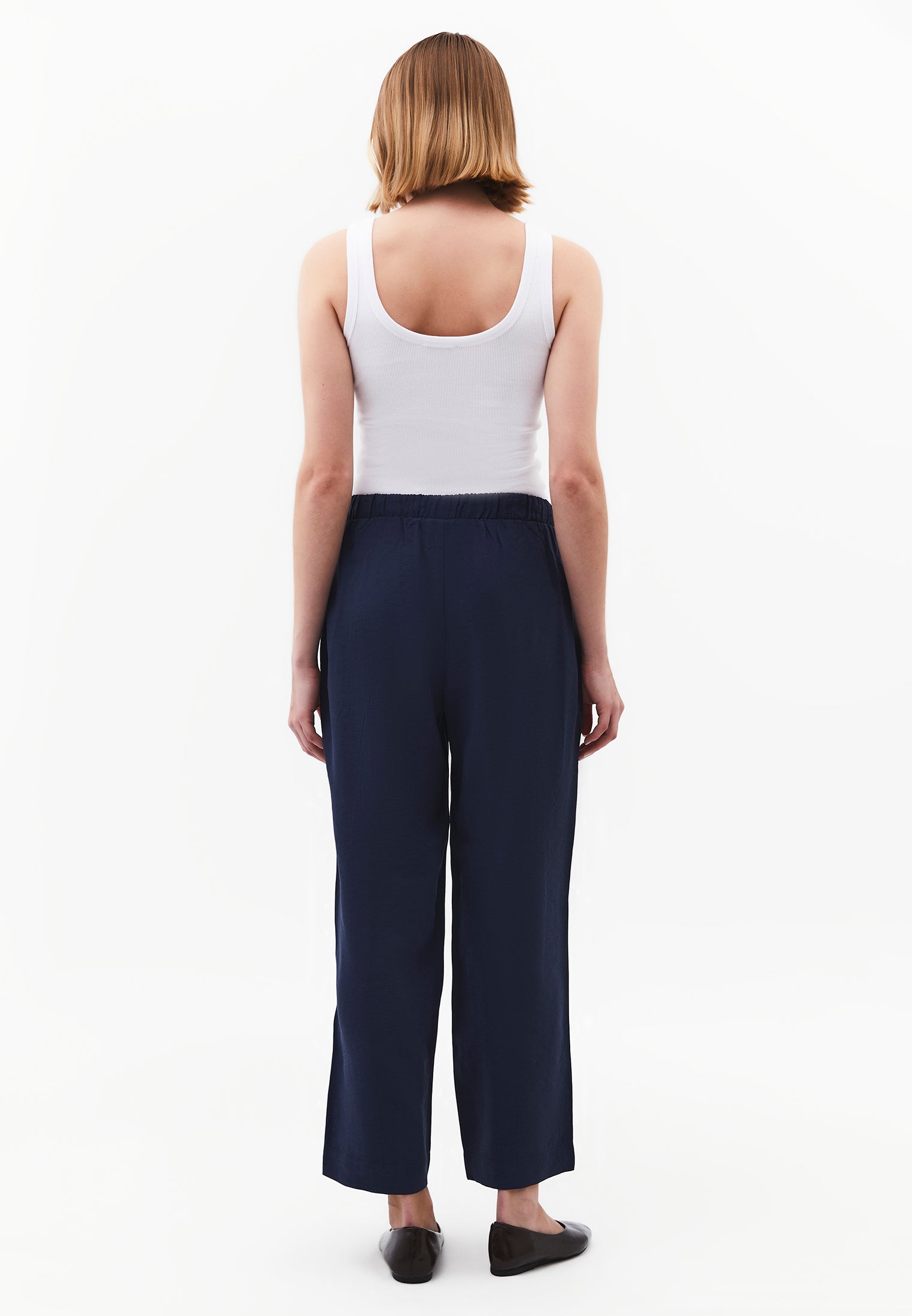 High Waist Straight Leg Elastic Waistband Tie Women's Pants - MIDNIGHT