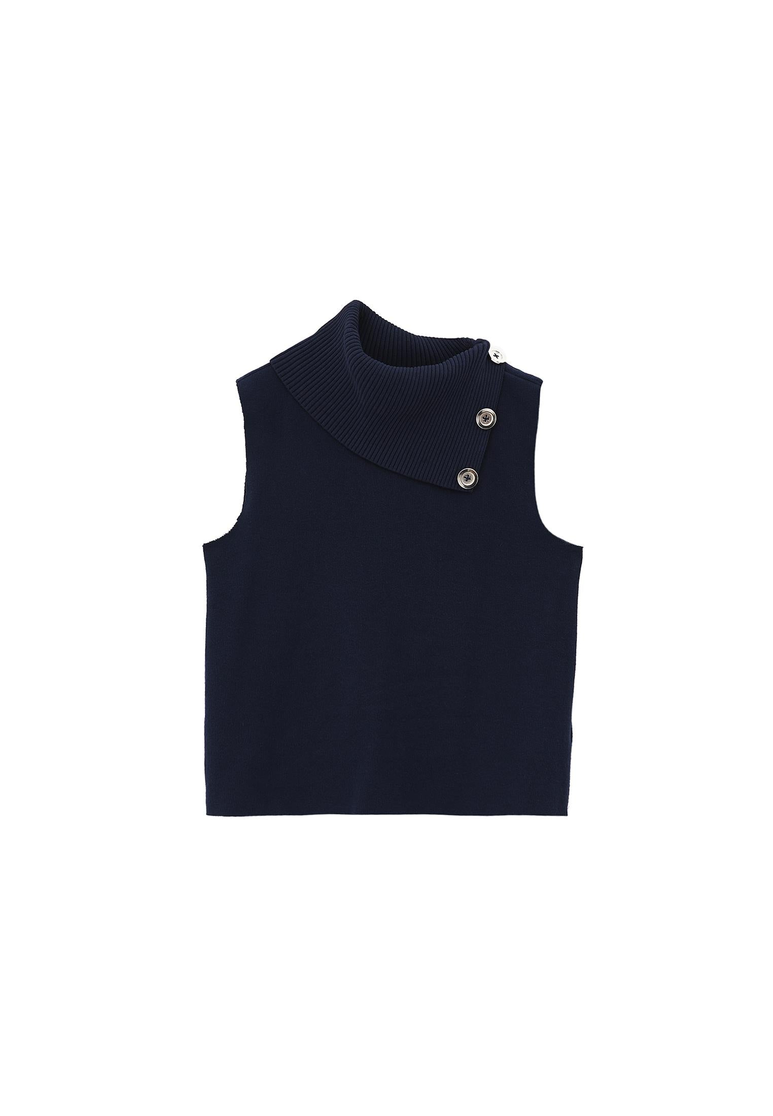 Sleeveless Vest With High Collar And Button Details - MIDNIGHT