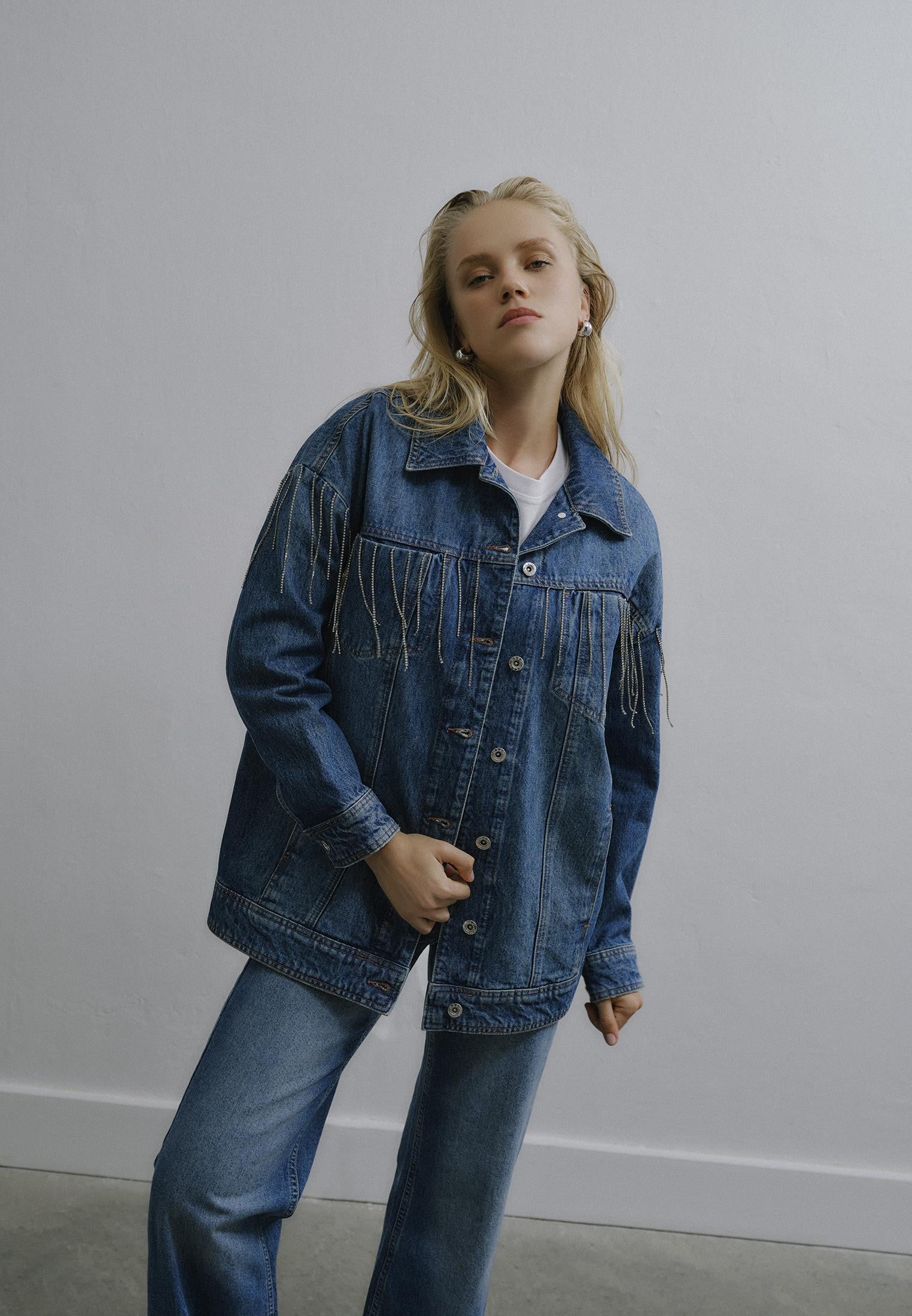Stone Embellished Oversize Denim Jacket - MID BLUE DENIM