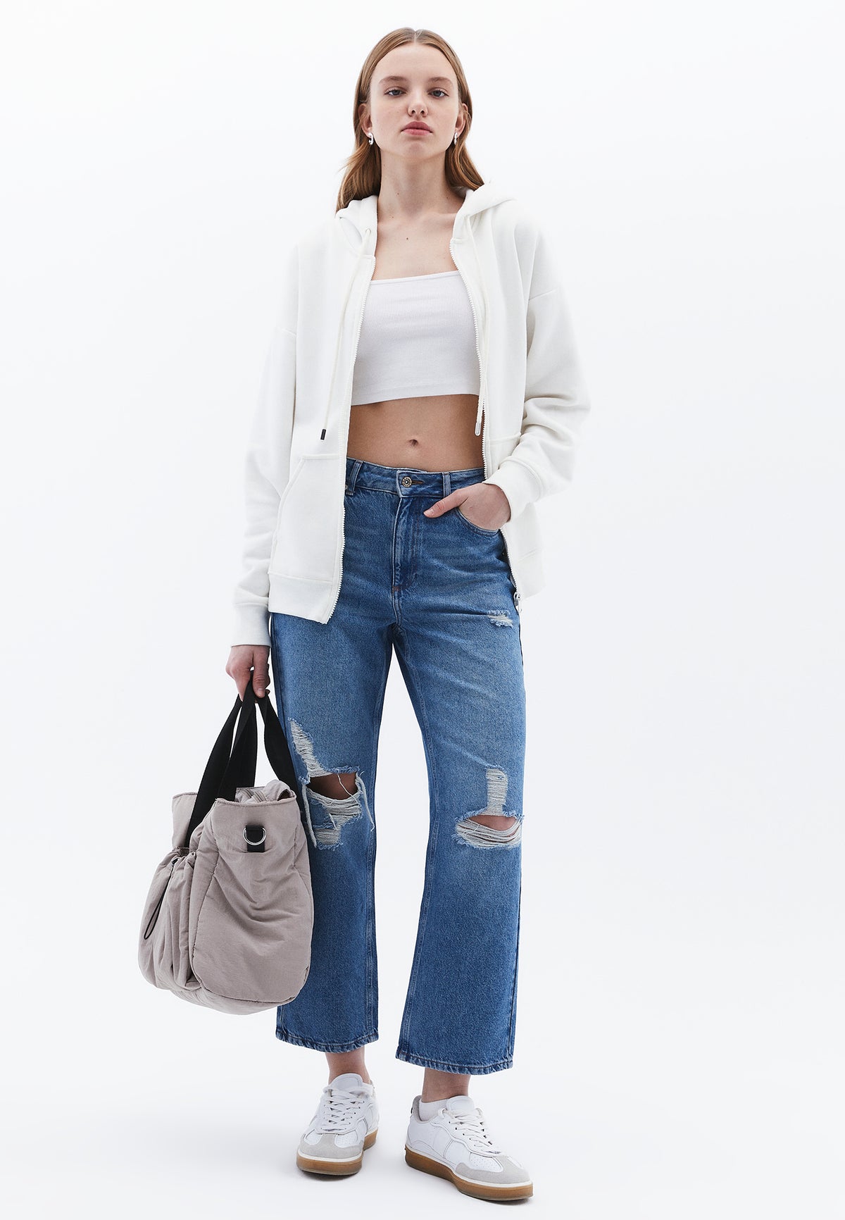 High Waist Five Pocket Straight Leg Denim Pants - MID BLUE DENIM