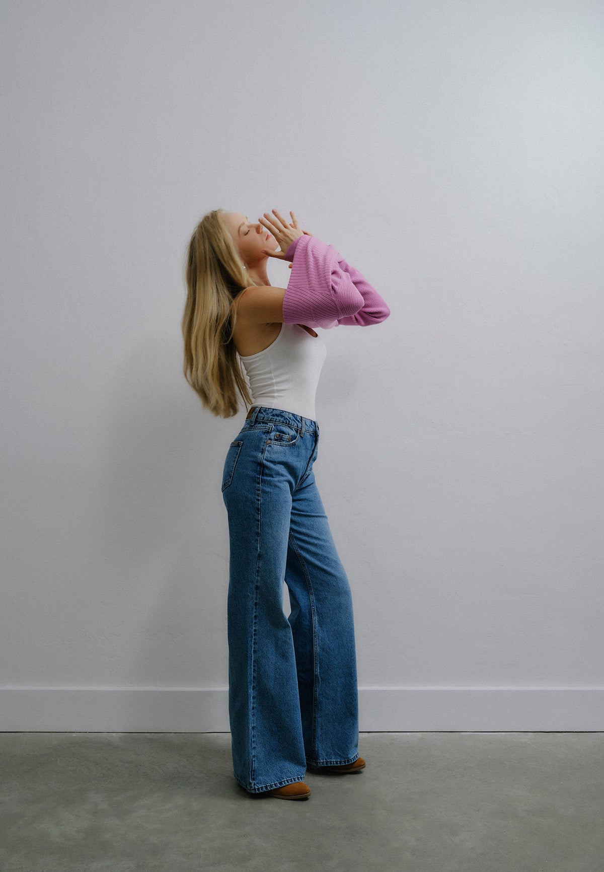 Wide Leg High Waist Pants - MID BLUE DENIM