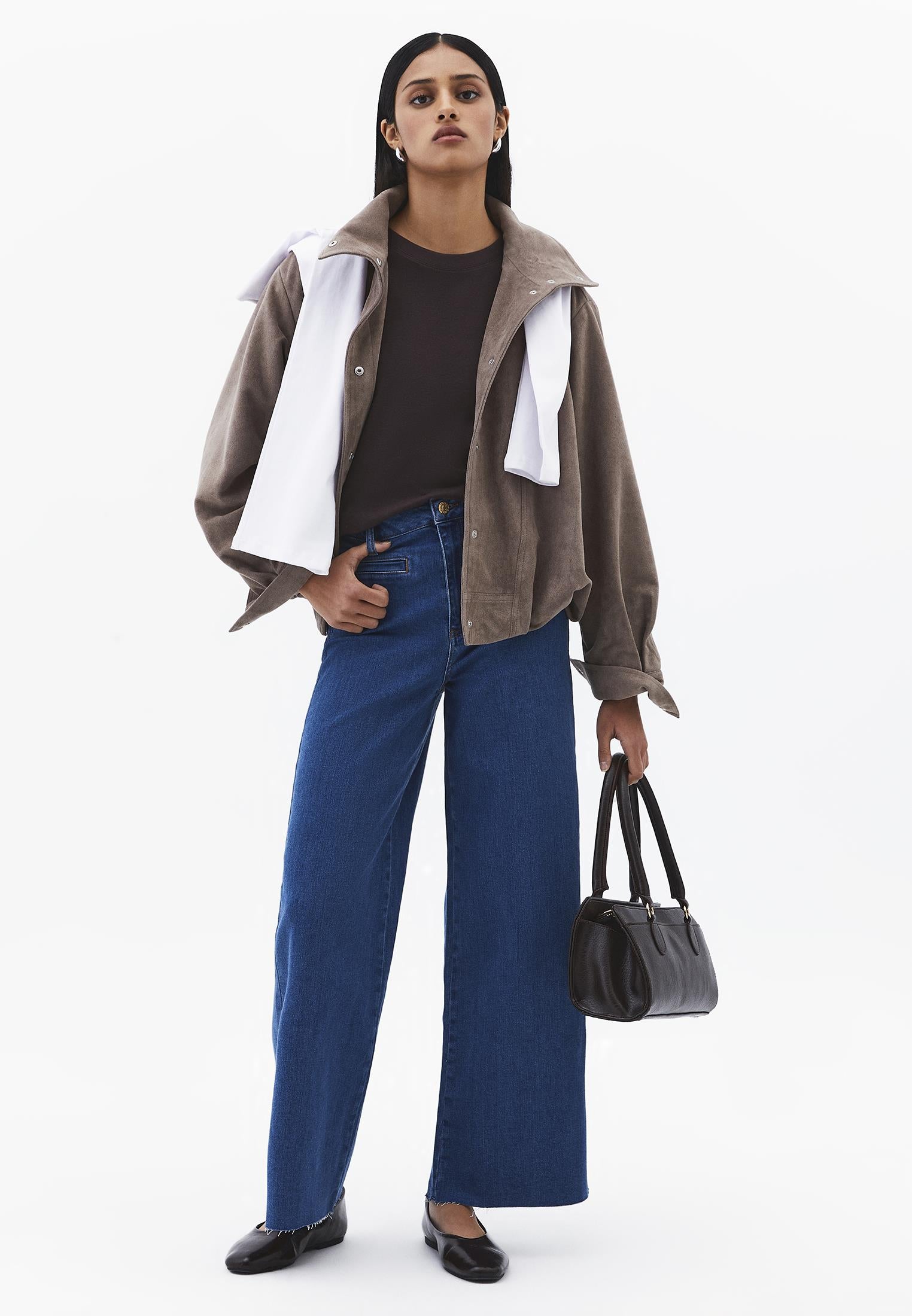 Ultra High Waist Wide Leg Cropped Pants - MID BLUE DENIM