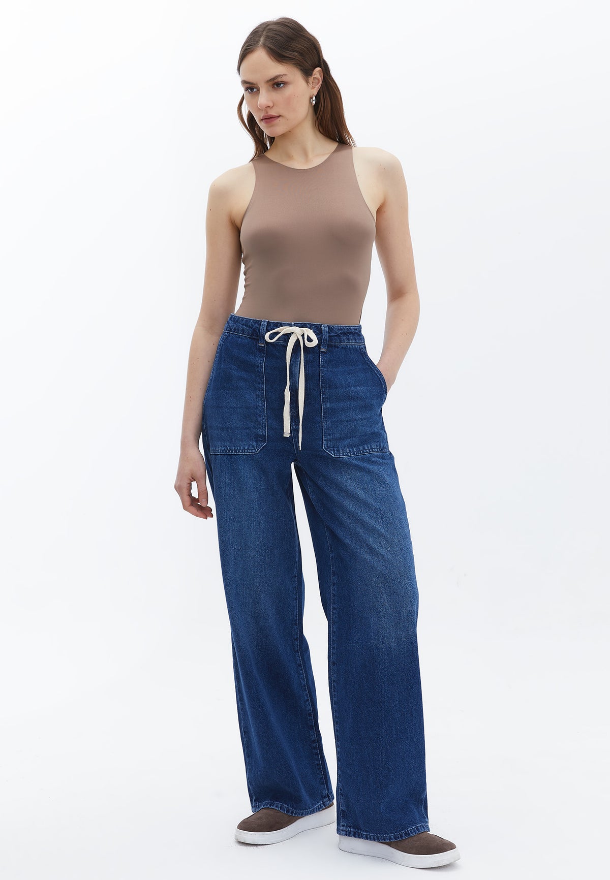 Low Waist Barrel Leg Denim Pants - MID BLUE DENIM