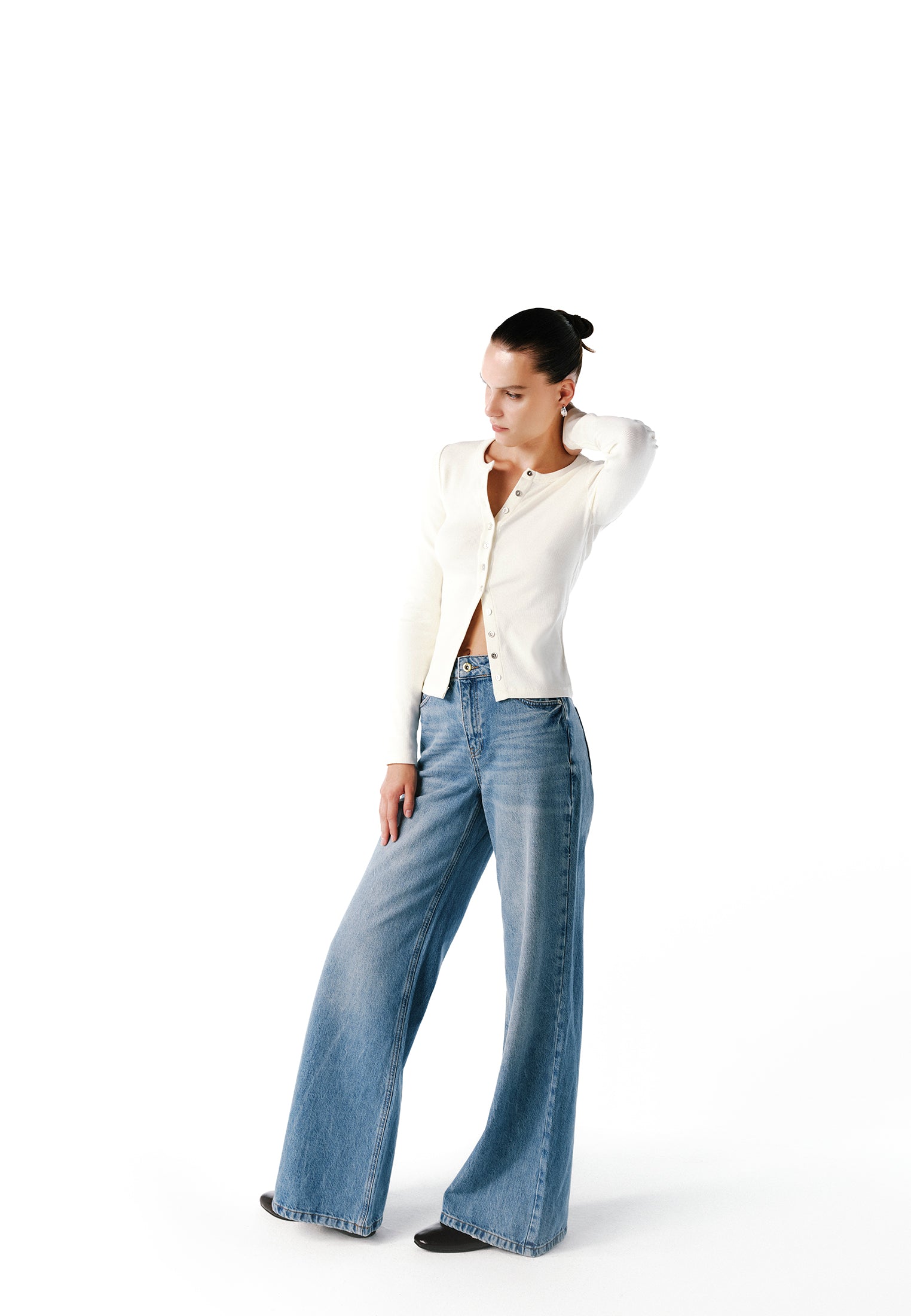 High Waist Wide Leg Denim Pants - MID BLUE DENIM