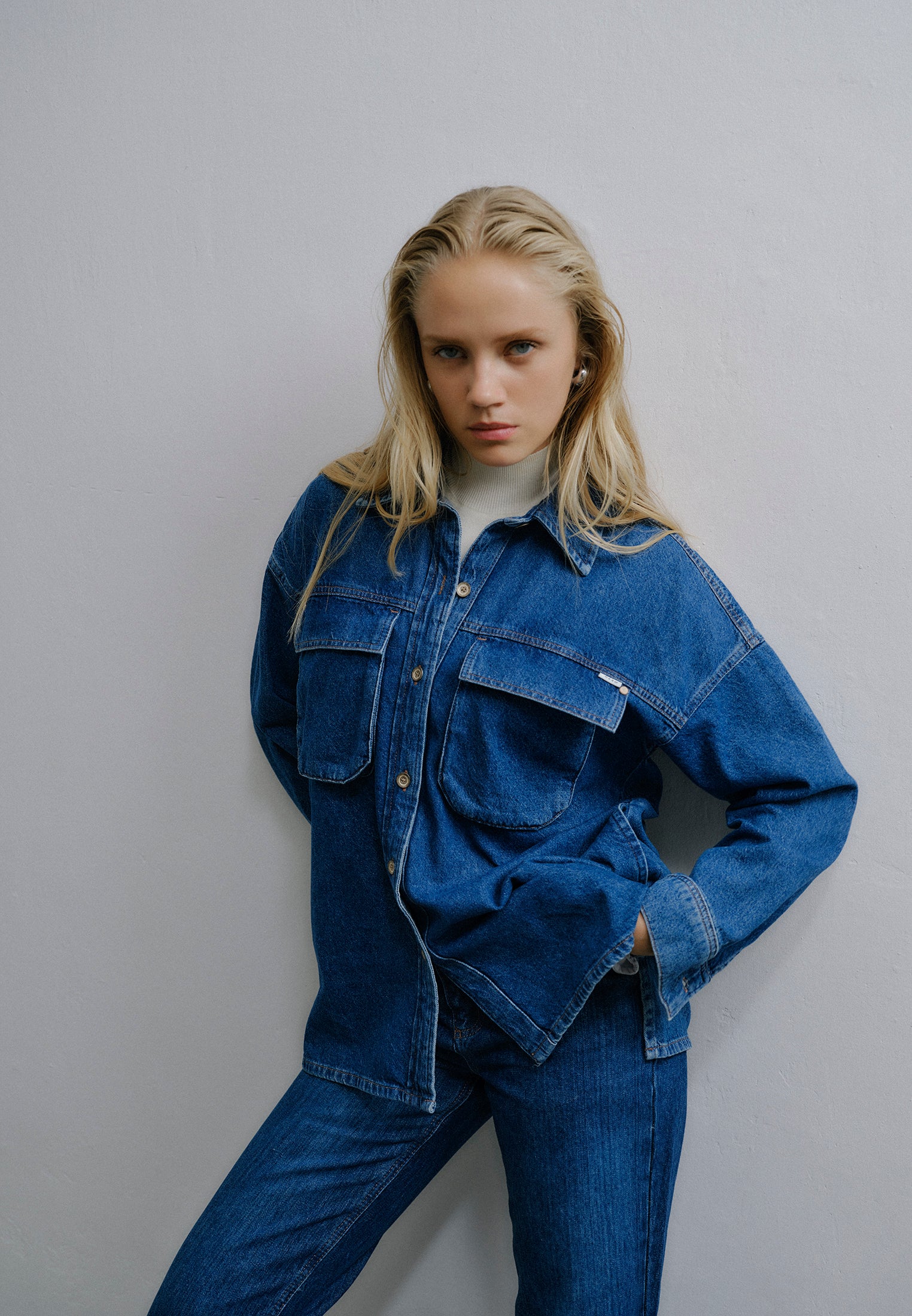 Oversize Denim Shirt With Pocket Detail - MID BLUE DENIM