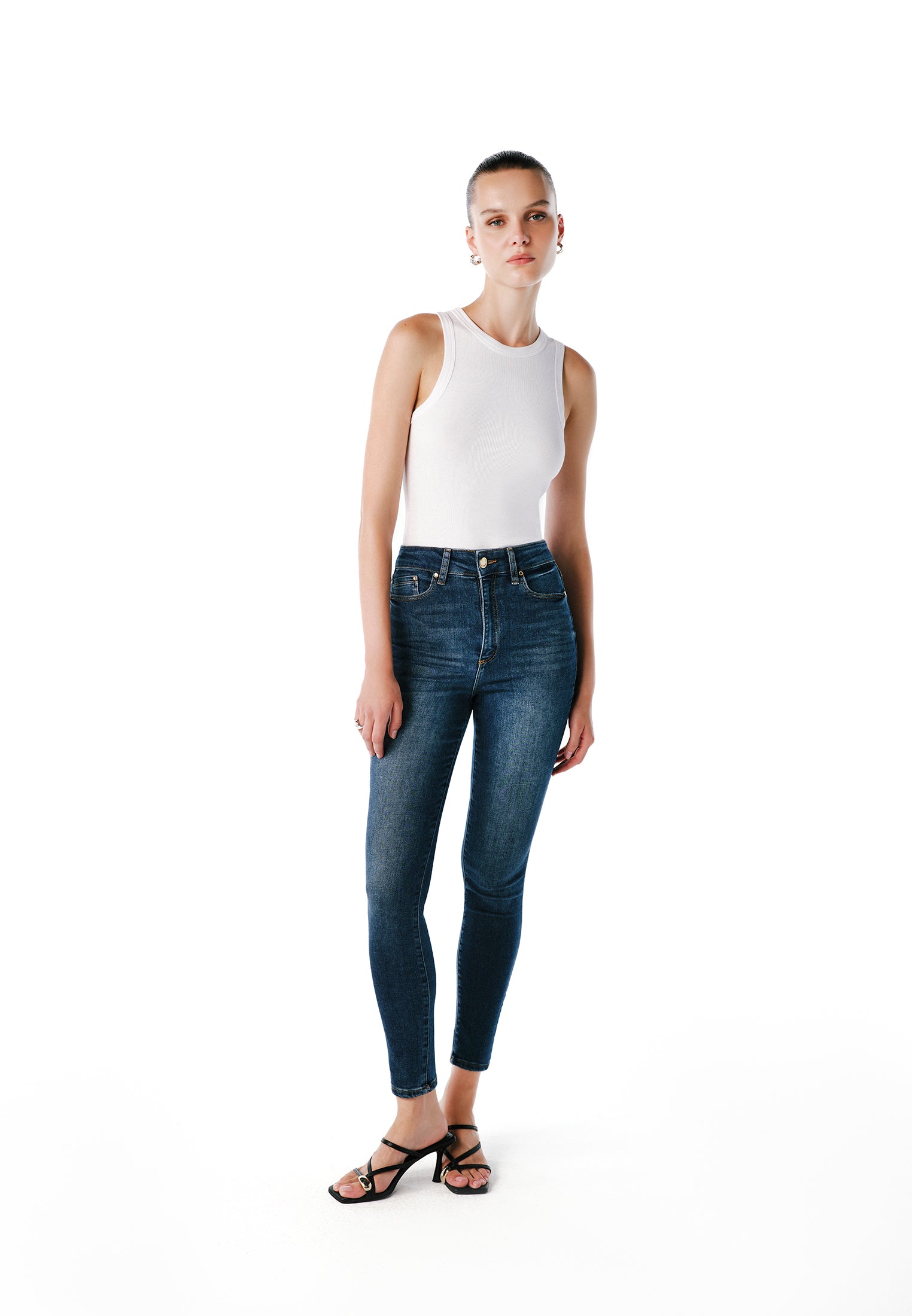 Ultra High Waist Skinny Denim Pants - MID BLUE DENIM