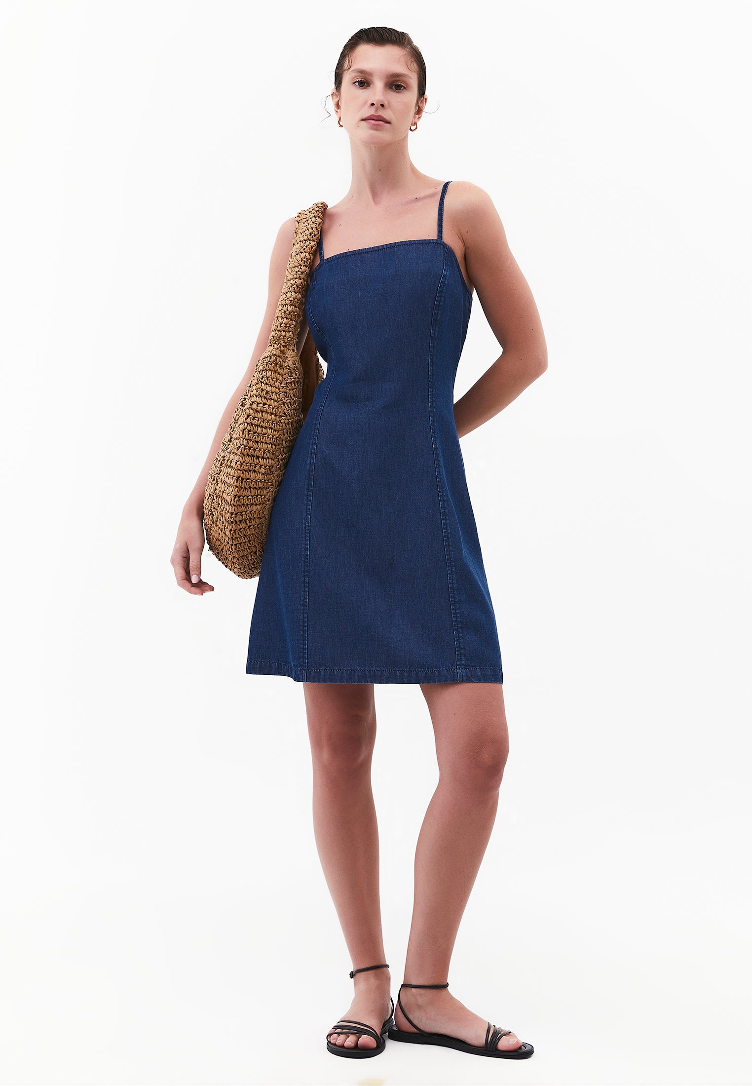 Square Neck Zipper Detail Dress - MID BLUE DENIM