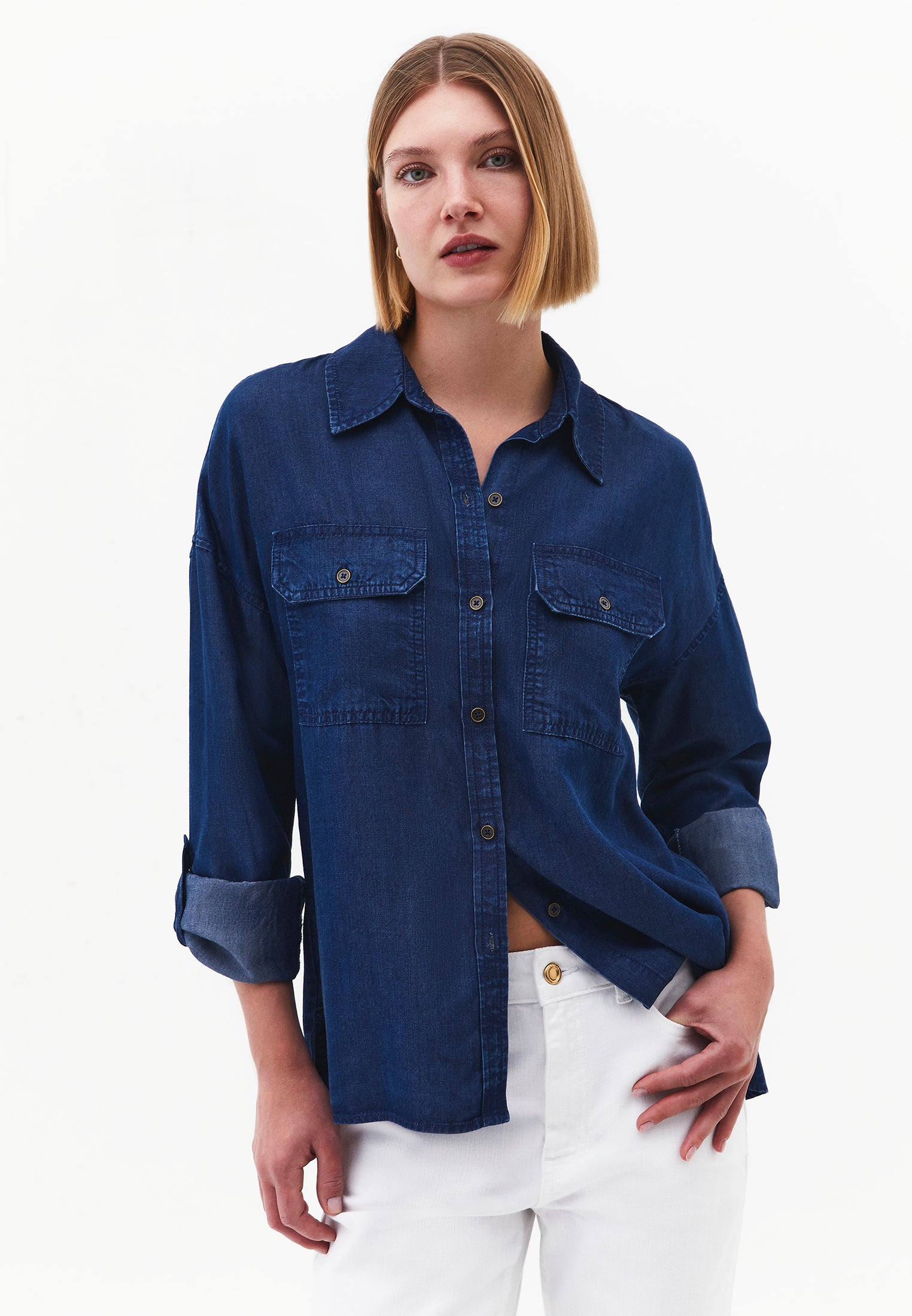 Shirt Collar Long Sleeve Shirt - MID BLUE DENIM