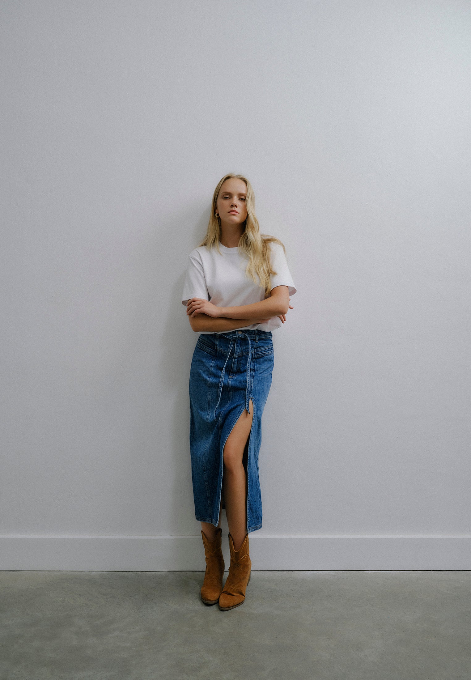 Belted High Waist Midi Skirt - MID BLUE DENIM