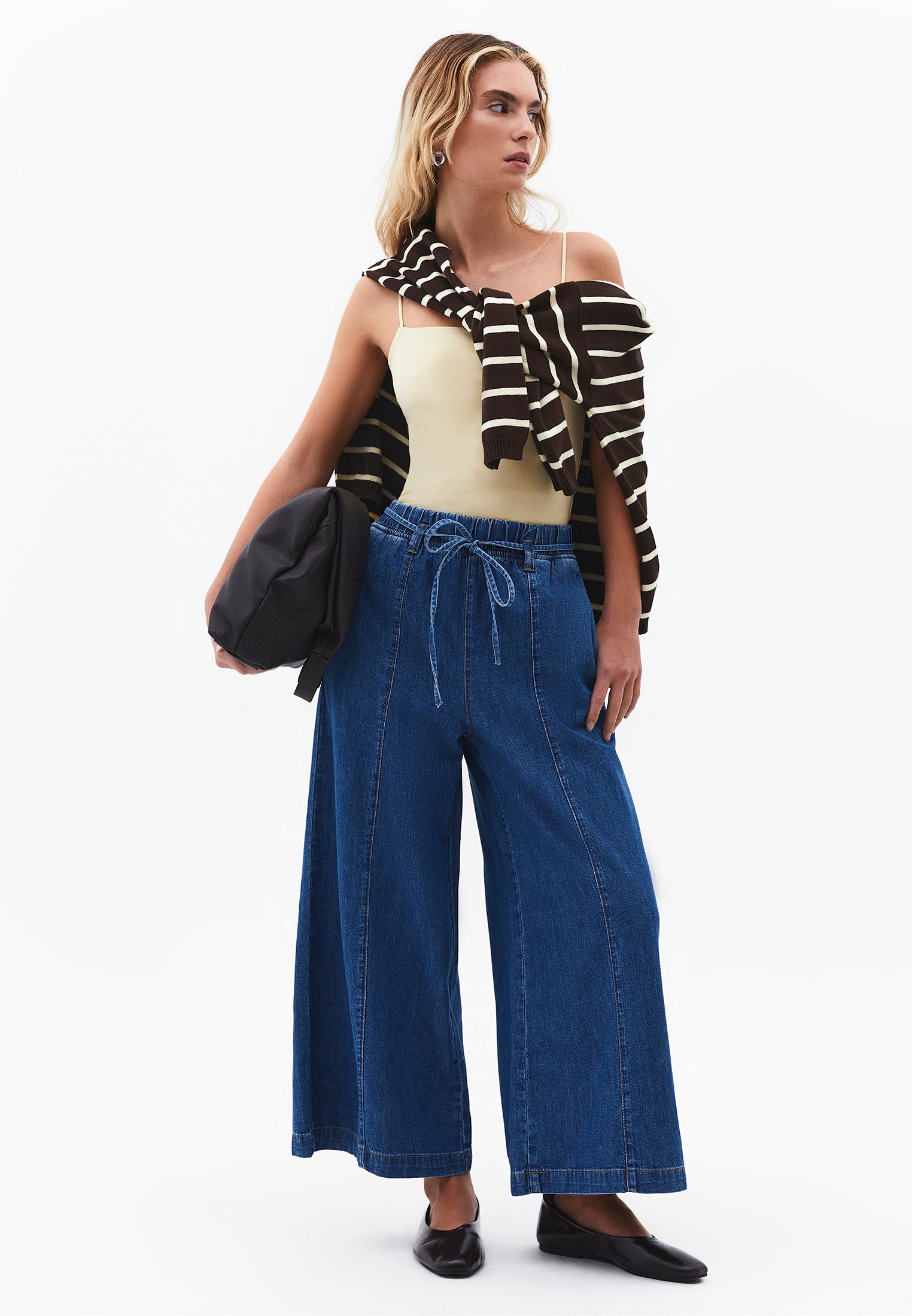 High Waist Cropped Culotte Denim Pants - MID BLUE DENIM