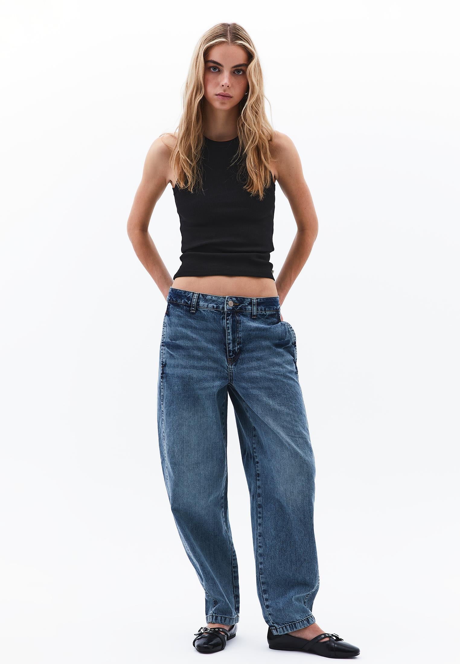 Barrel Leg Jeans - MID BLUE DENIM