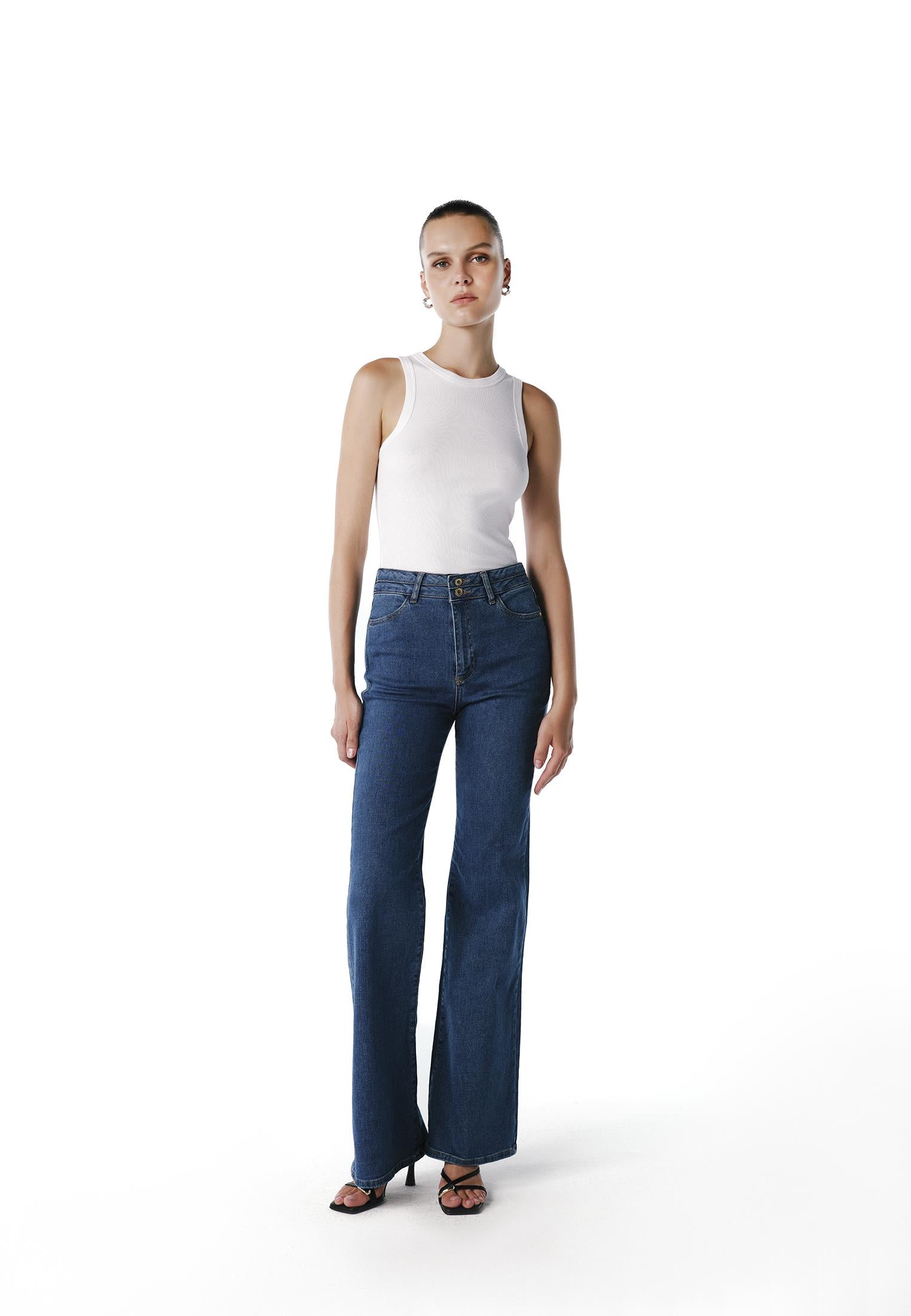 High Waist Flared Denim Pants - MID BLUE DENIM