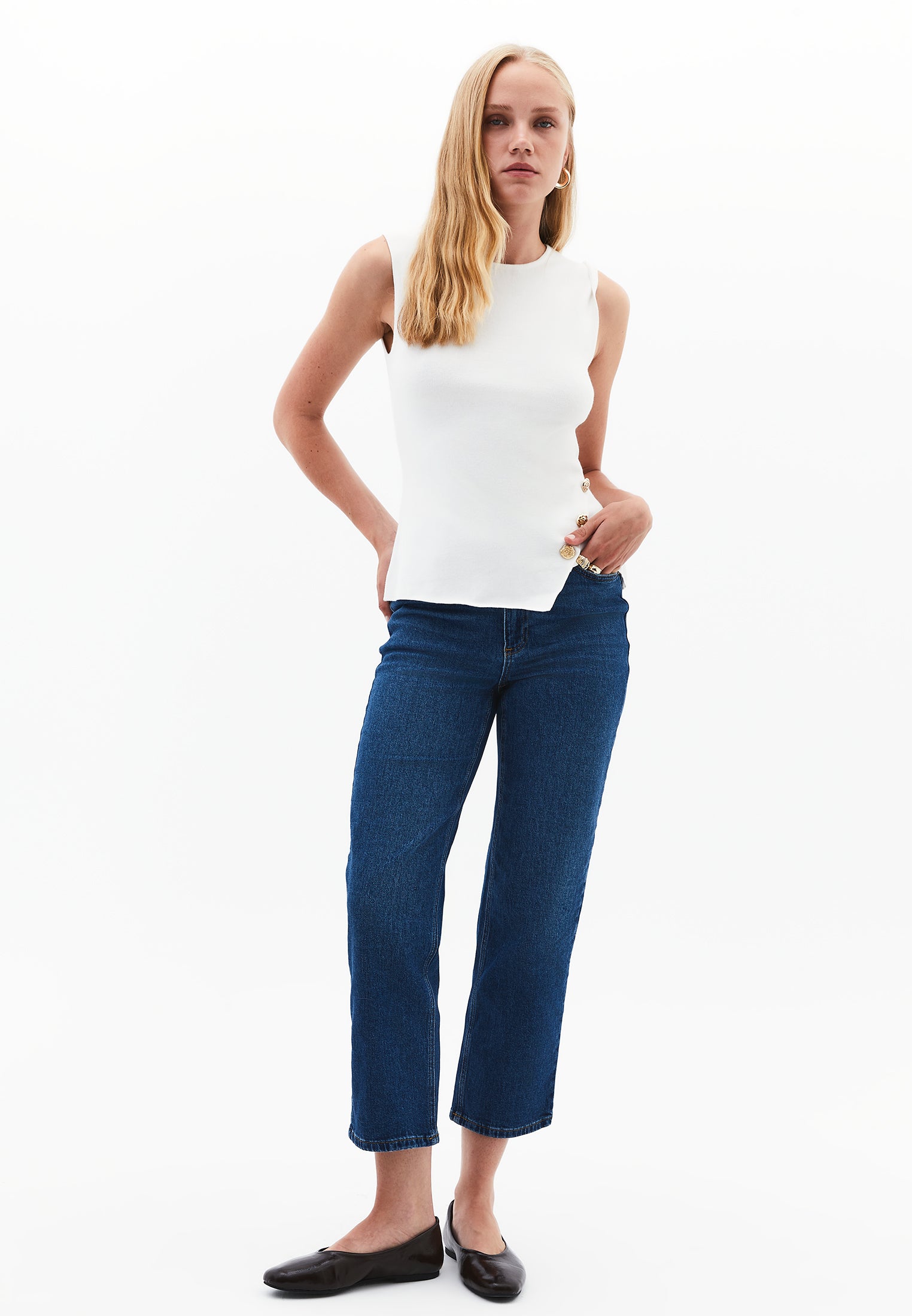 High Waist Straight Leg Pants - MID BLUE DENIM