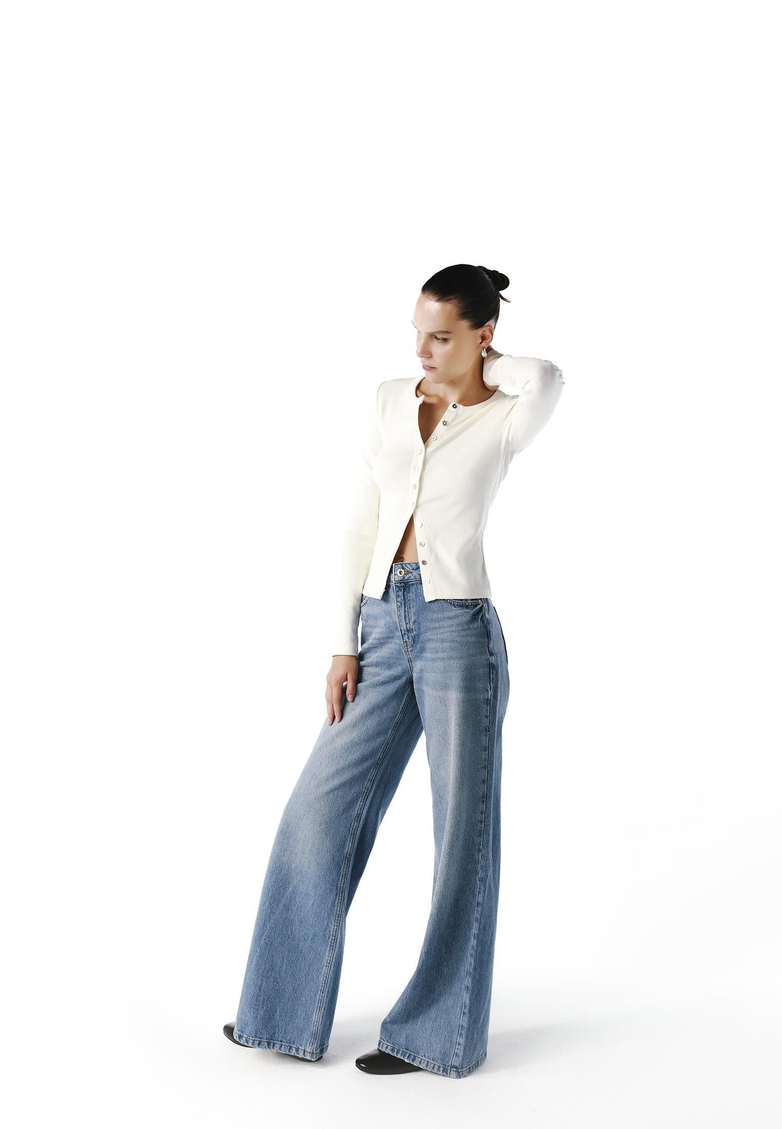 High Waist Wide Leg Denim Pants - MID BLUE DENIM