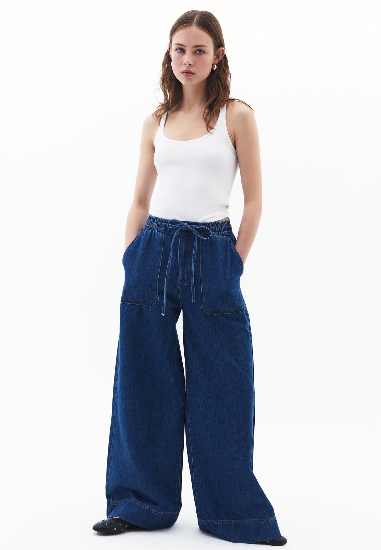 Elasticated High Waist Wide Leg Jeans - MID BLUE DENIM