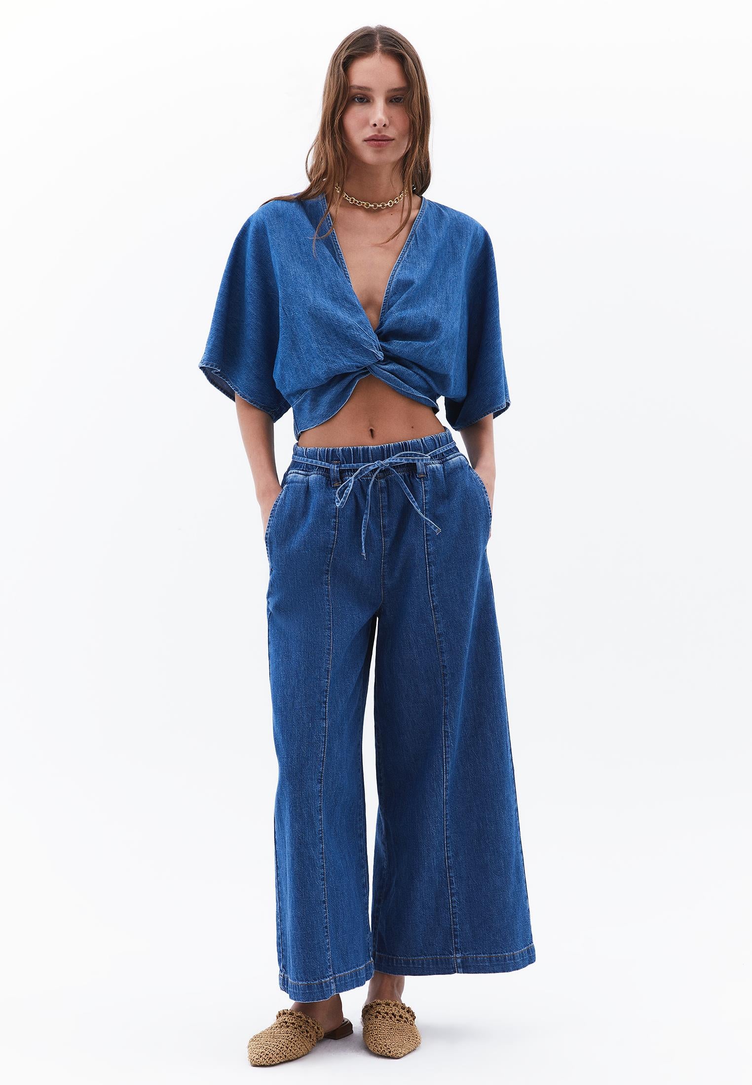 Wide Leg High Waist Cropped Pants - MID BLUE DENIM