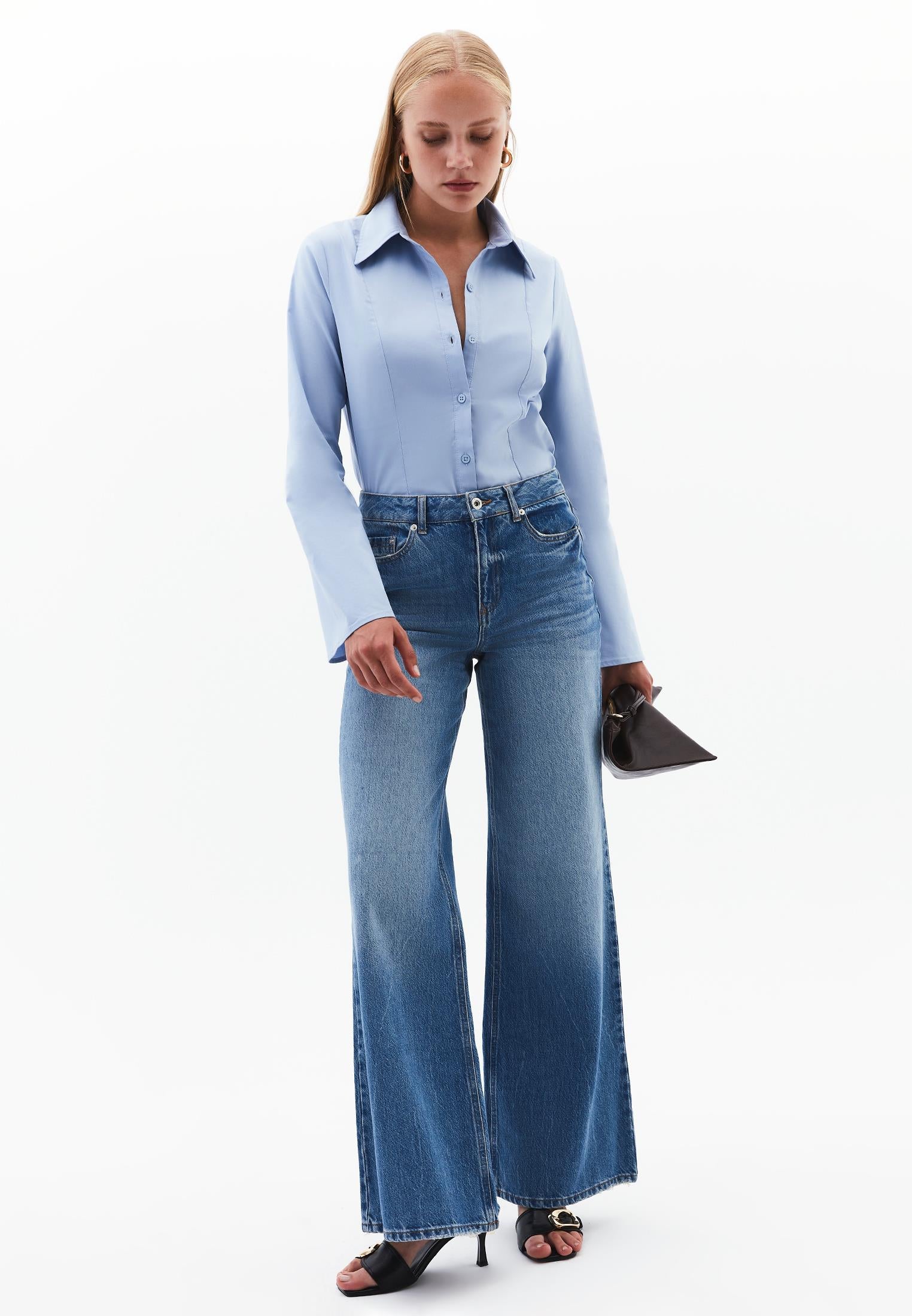 Wide Leg Standard High Waist Denim Pants - MID BLUE DENIM