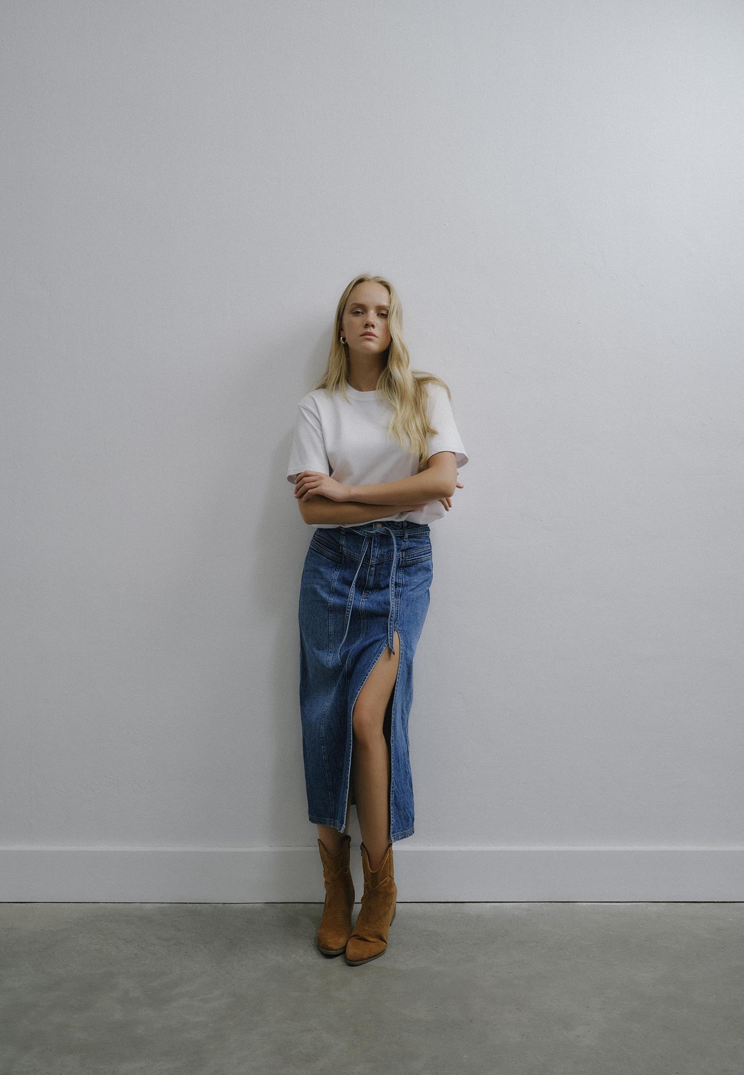 Belted High Waist Midi Skirt - MID BLUE DENIM